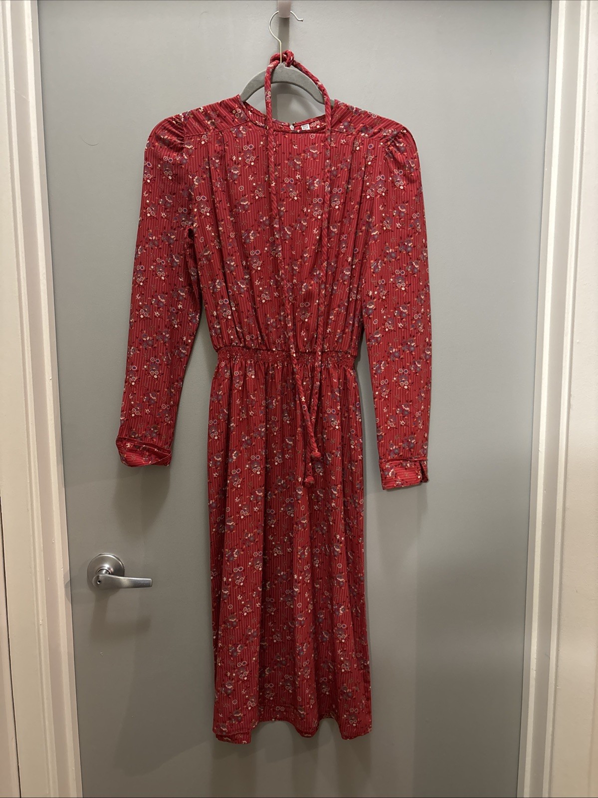 Vintage 100% Silk Red Floral Pinstripe Dress w/ Braided Belt 6 Made in Korea