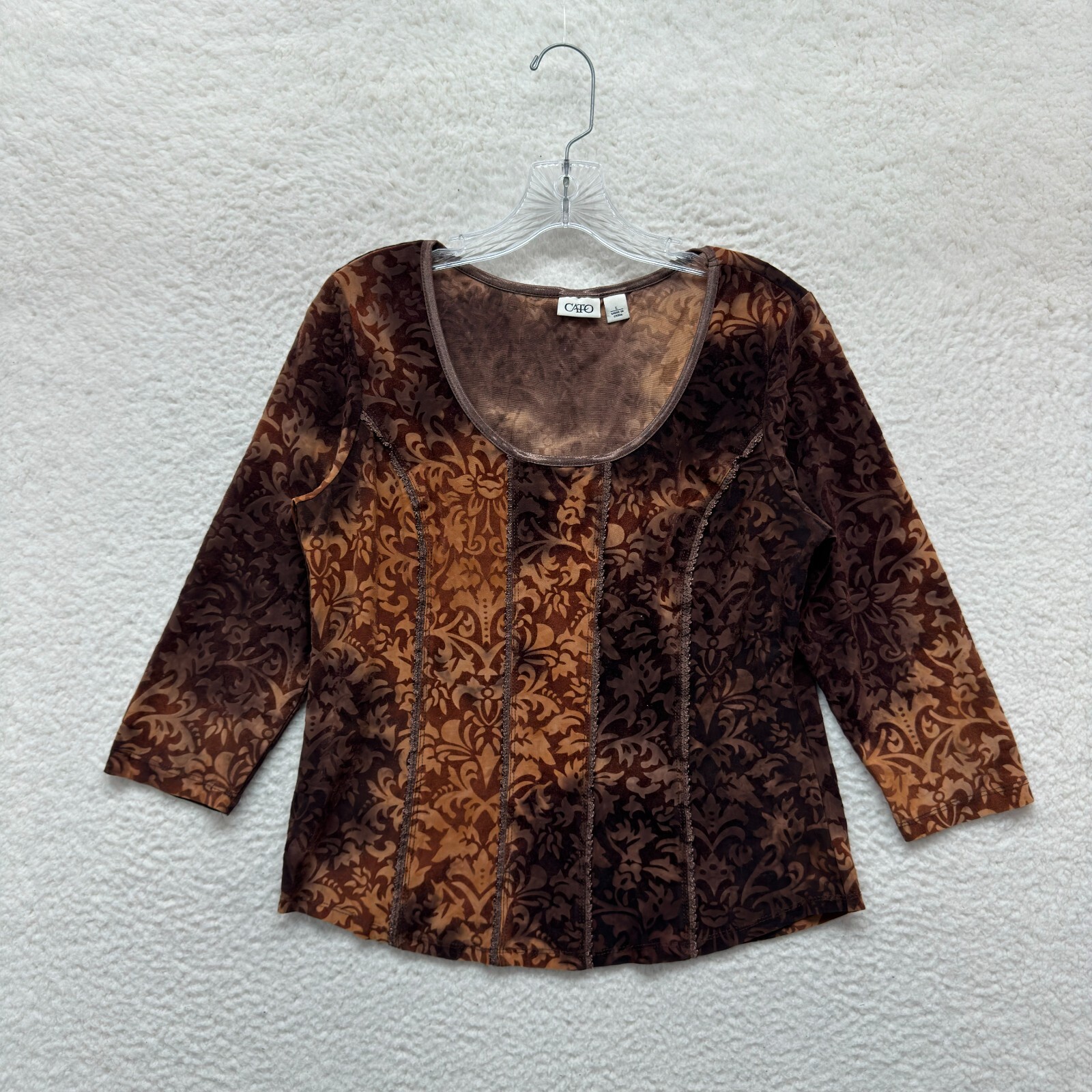 Vintage Cato Top Shirt Large Womens Brown Tan Pattern Print Slinky Stretch