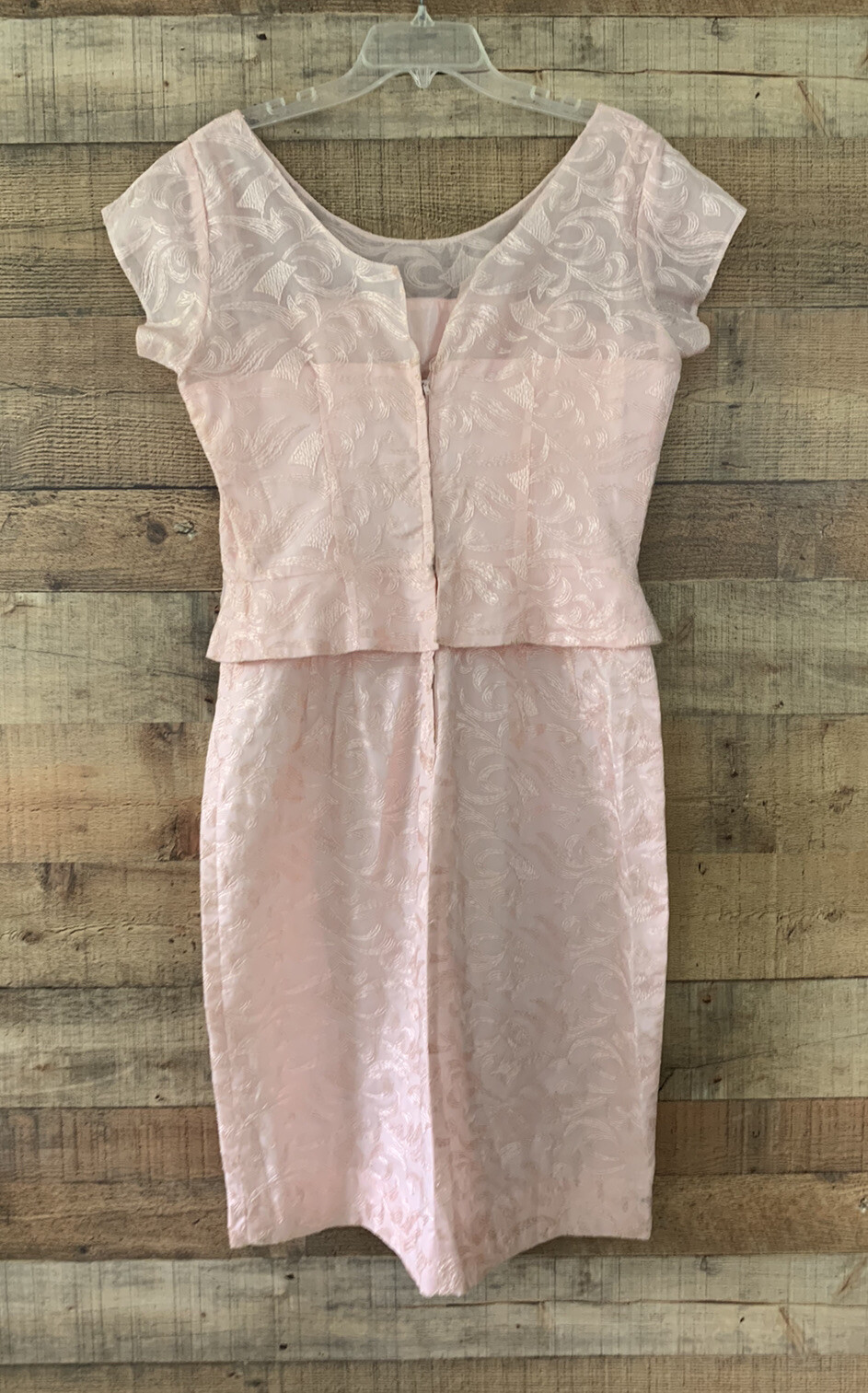 Vintage 1950s Pink Embroidered Sheer Peplum Cocktail Evening Dress Size M/L