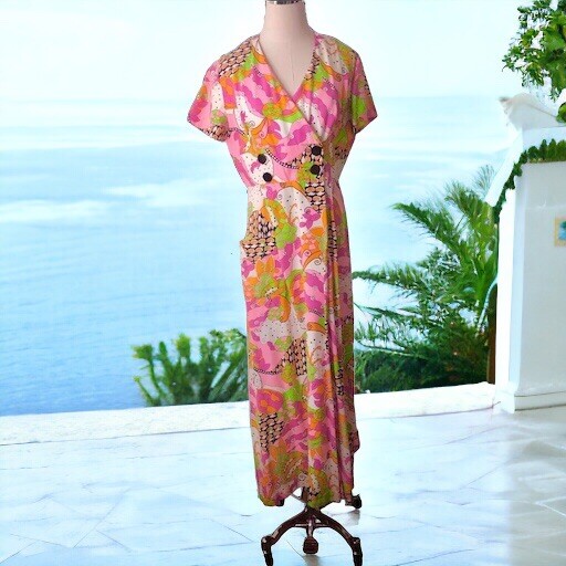 Evelyn Pearson Womens Vintage 60s Wrap Lounge Dress Medium Pink Green Mod Maxi