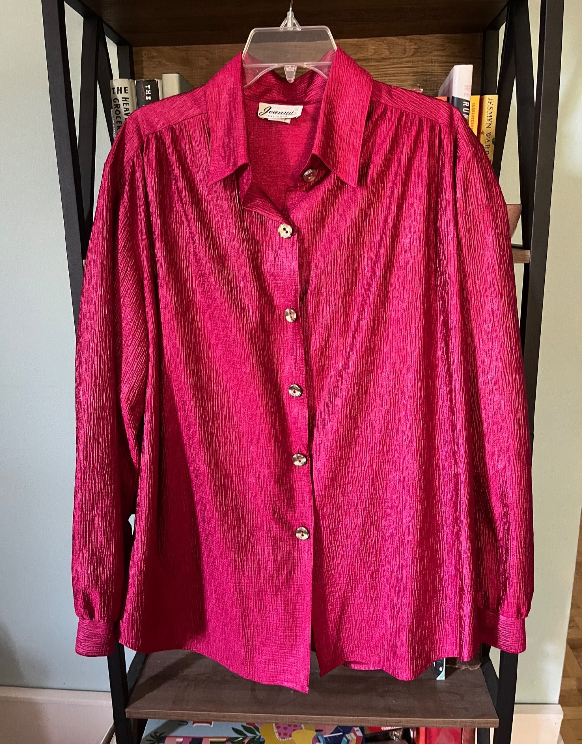 Vintage 1990s Joanna Crinkle Blouse in Raspberry, Gold Buttons, XL
