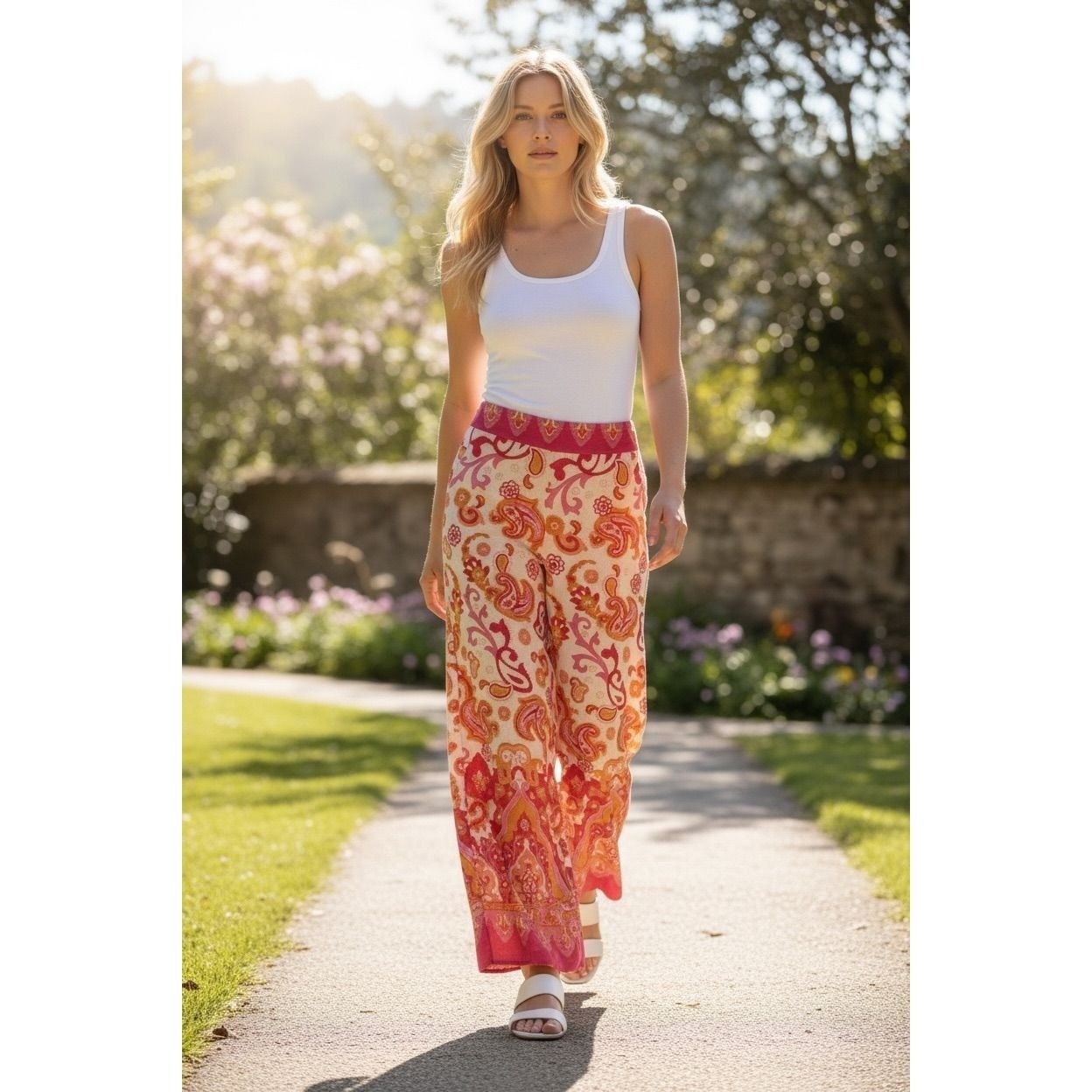 Haute Hippie Orange Floral Paisley Linen Blend Wide Leg Boho Pants XS W:14