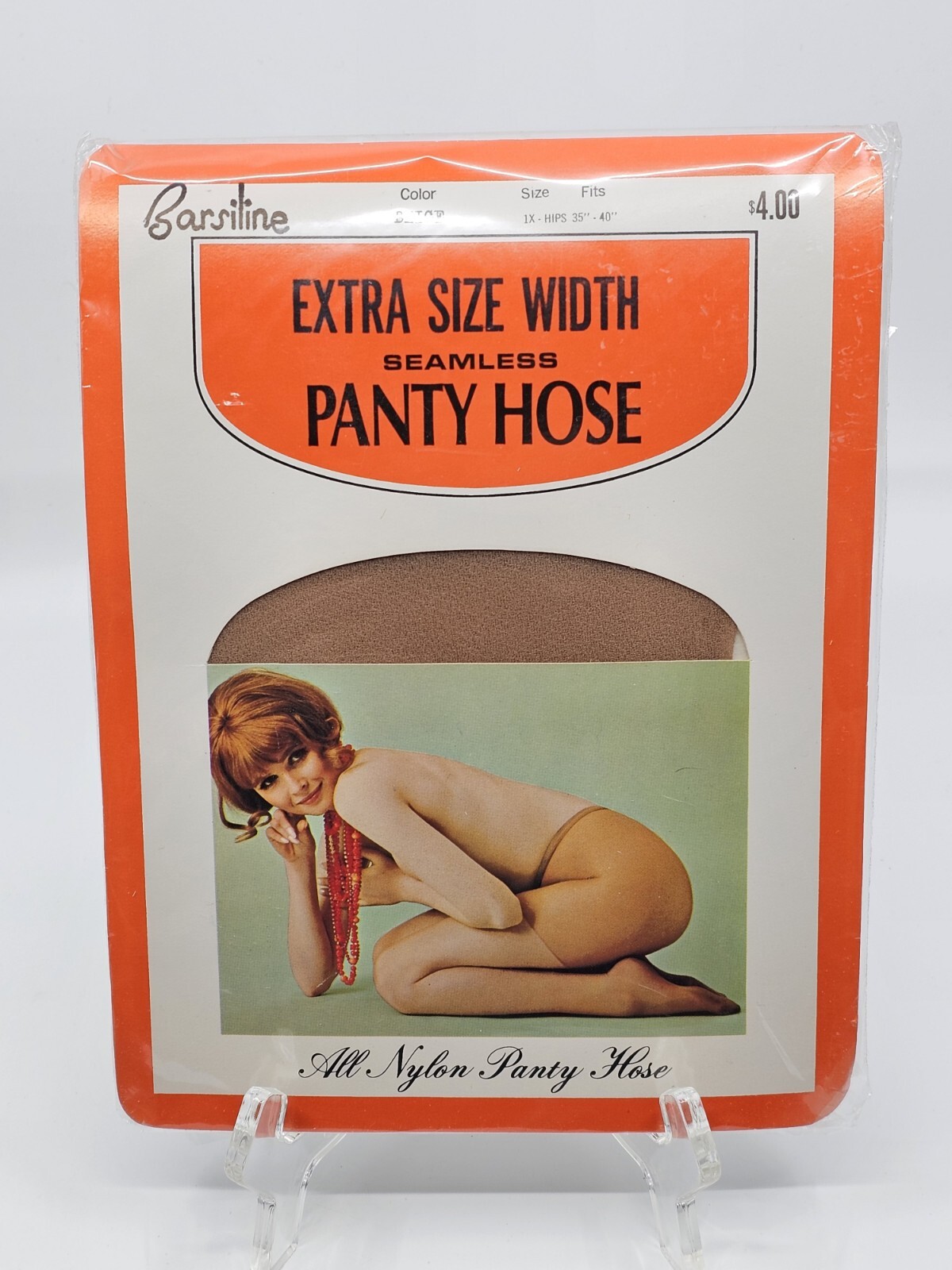 Vintage Barsiline Nylon Hosiery Hose Beige Extra Size Width 1x Hips 35″-40″ New