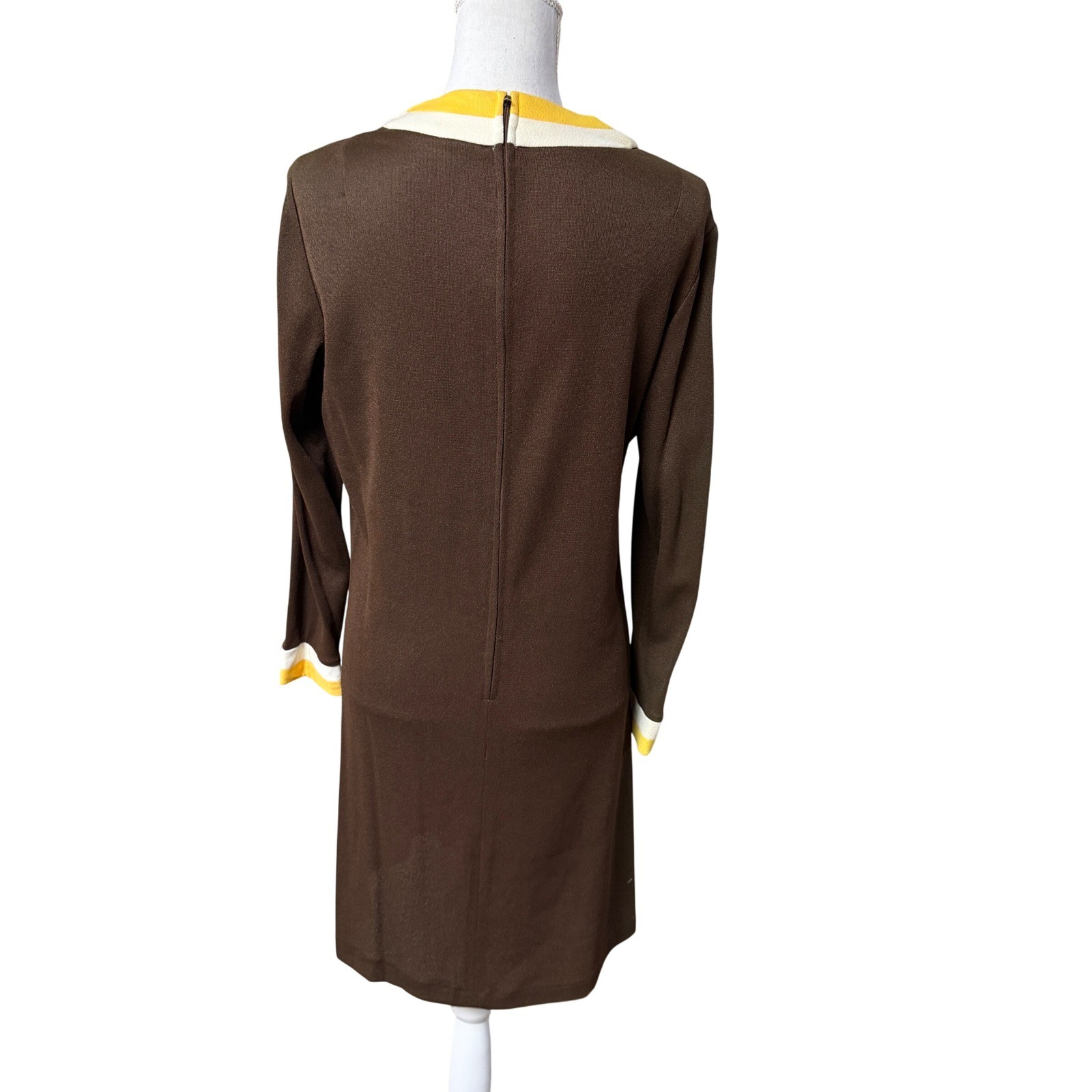 Vintage Brown Knit Mod Dress Contrast Trim Long Sleeve Retro Shift Dress