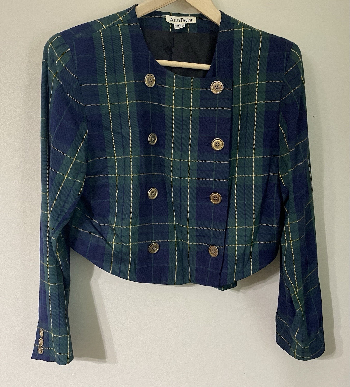 Vintage Ann Taylor Green Tartan Plaid Short Cropped Blazer Jacket 12 USA Preppy