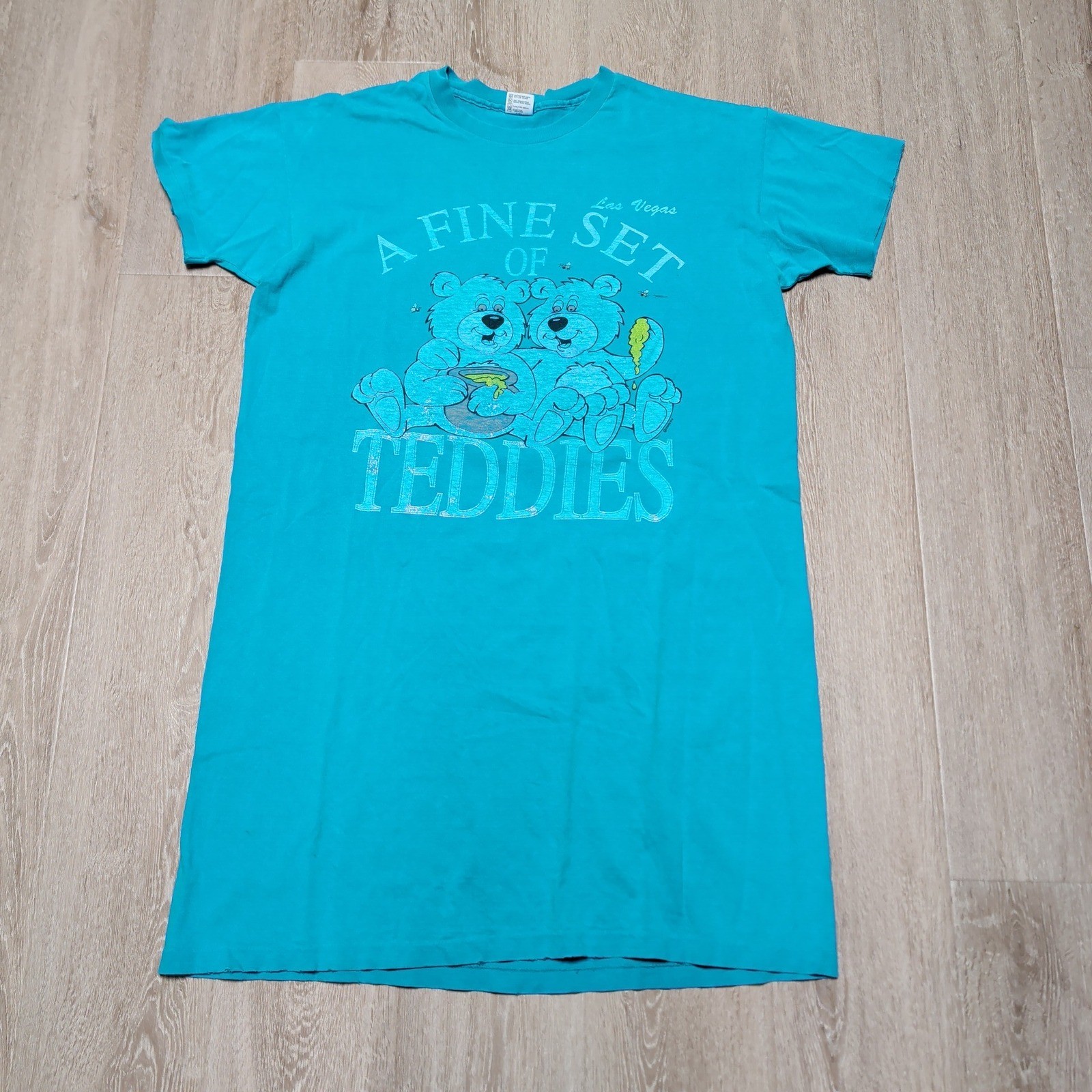 Vintage 90s Anvil Nightshirt Women OS Teal Las Vegas Fine Set of Teddies Flaws