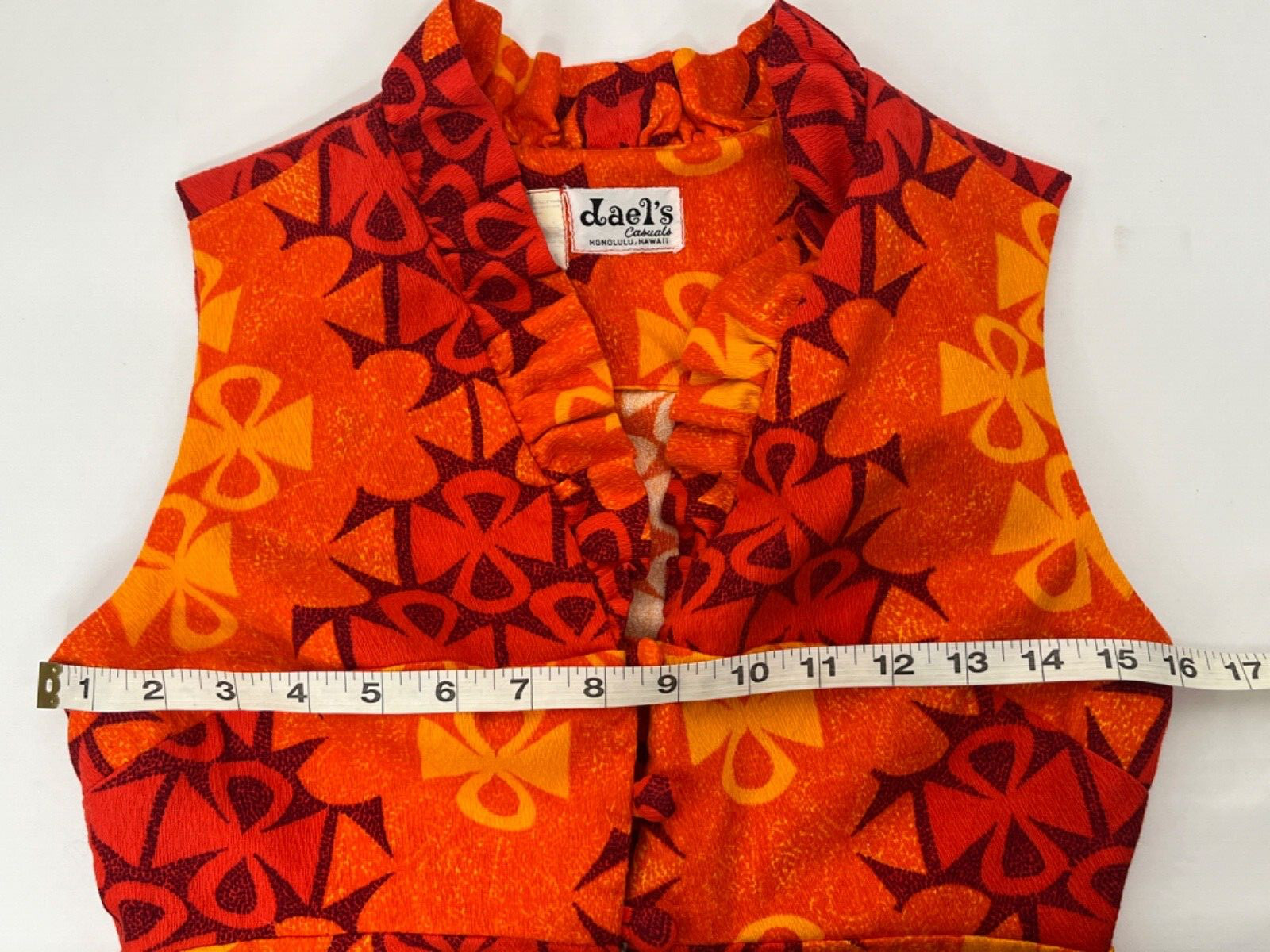 Vtg Retro Mod Hawaiian Tiki Dress Bright Orange Yellow Red Dael’s Honolulu Sz. S