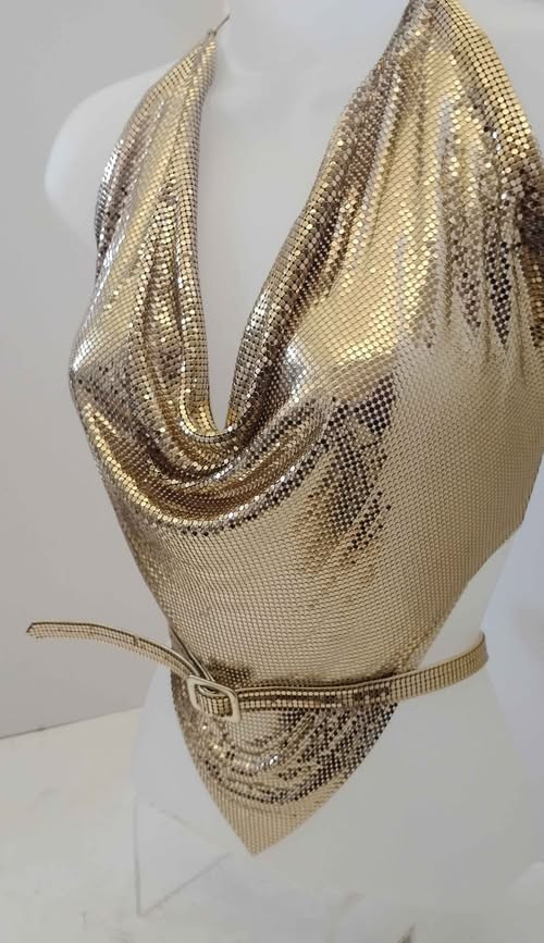 1970’s Women’s O/S Disco Gold Chainmail Metal Mesh Halter Top Belt & Purse 3 PCS