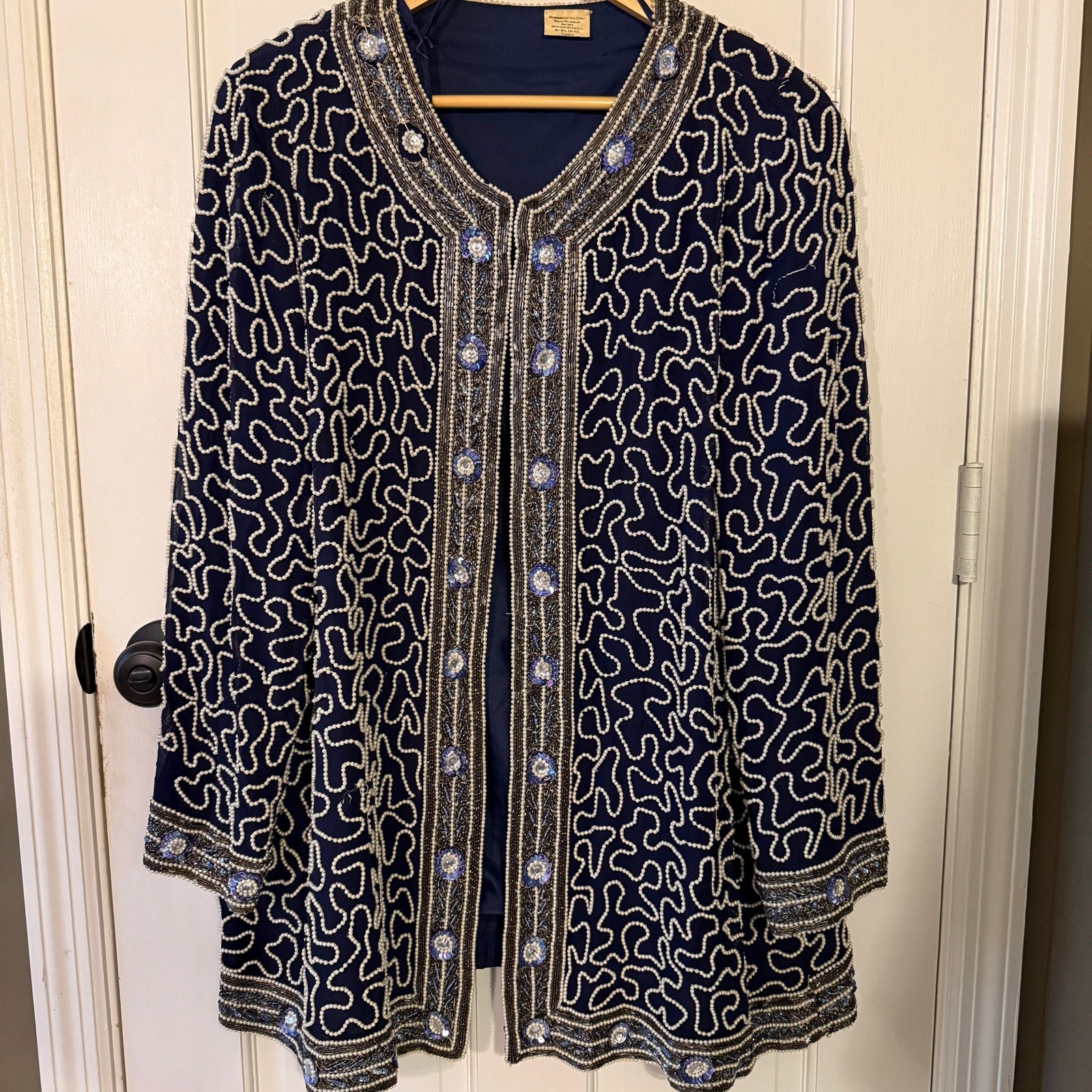 Vintage Stenay Sequin Navy Cocktail Jacket Beaded Pearl XL Long Sleeve