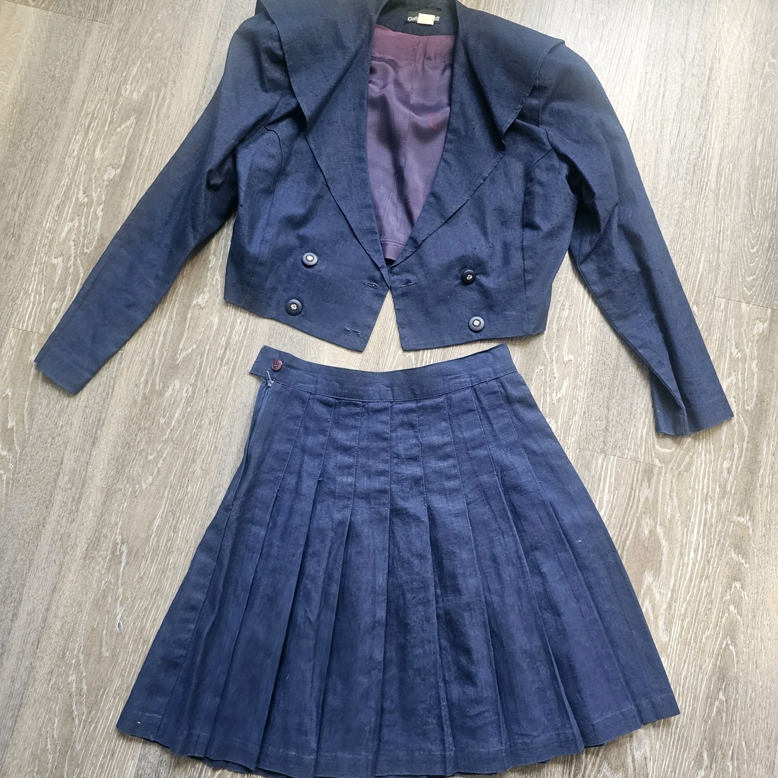 Vintage 90s Clothes Circuit Linen Cotton Blend Navy Blue Blazer Skirt Set Medium