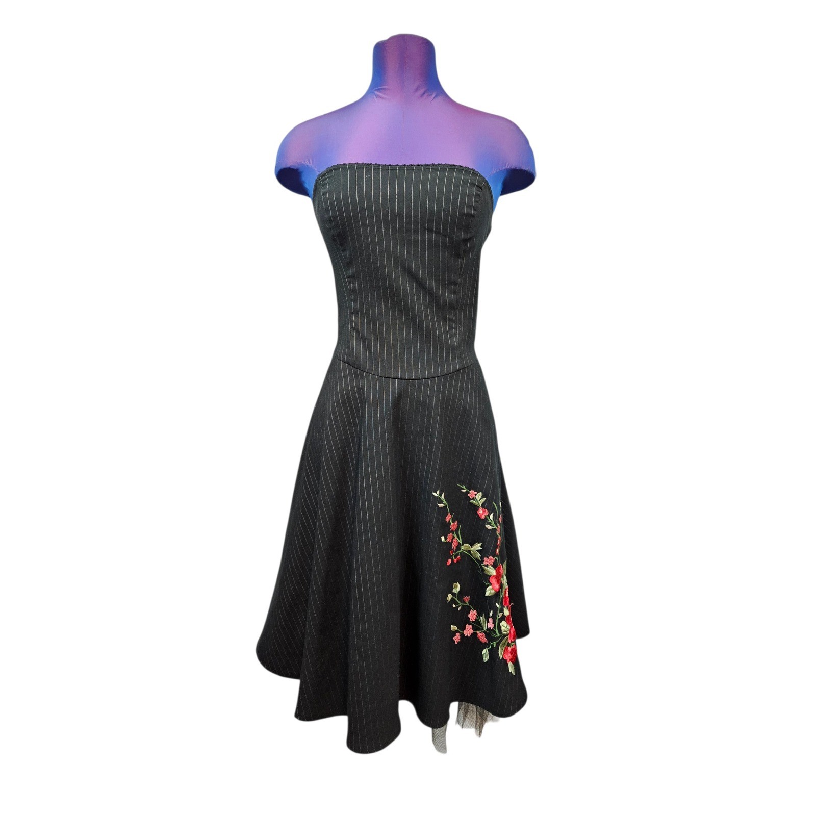 Vintage La Belle Pinstripe Strapless Midi Dress Floral Embroidery Black Red USA
