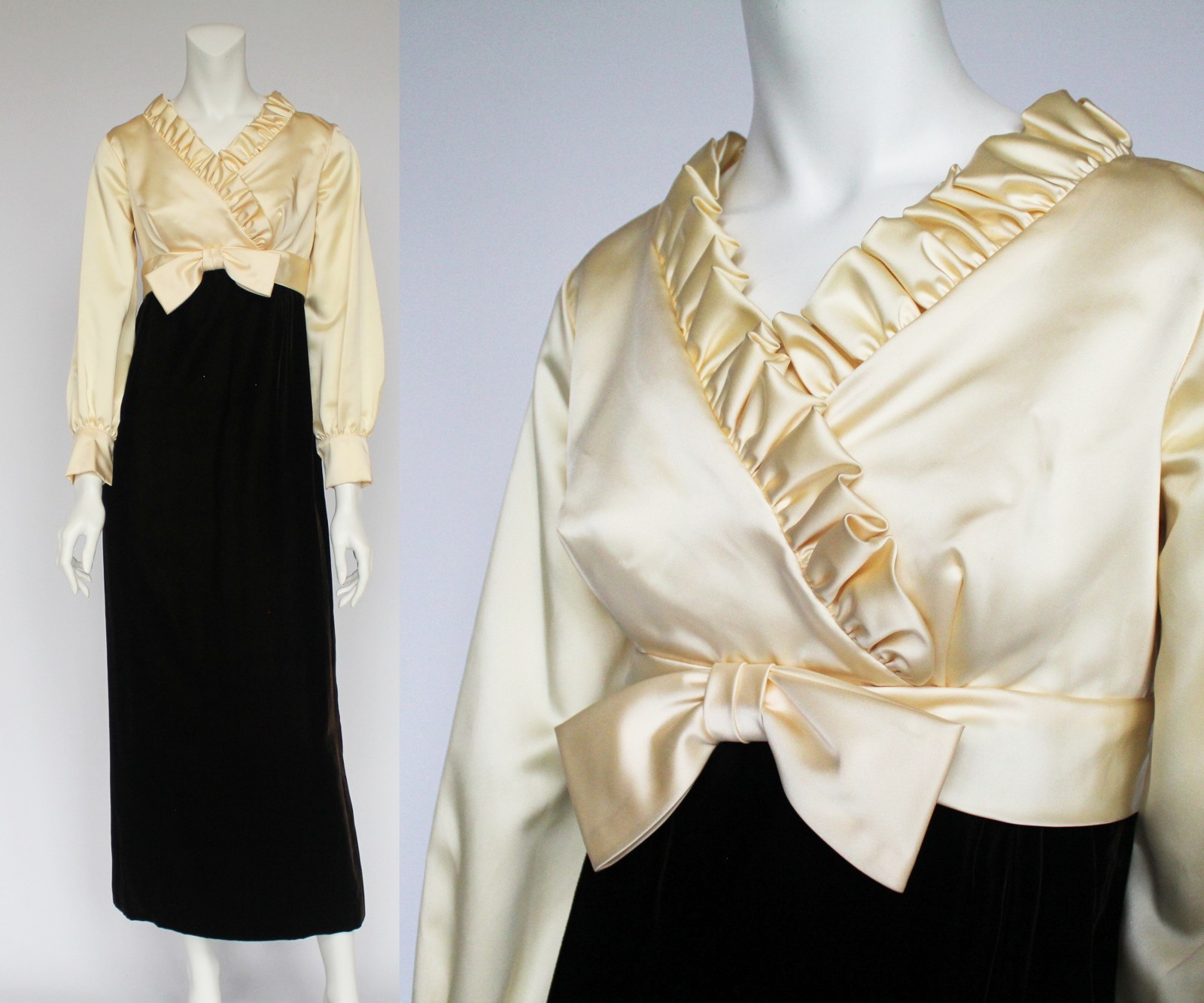 Vintage 60’s Beige Satin and Brown Velvet Empire Waist Maxi Dress / XSmall