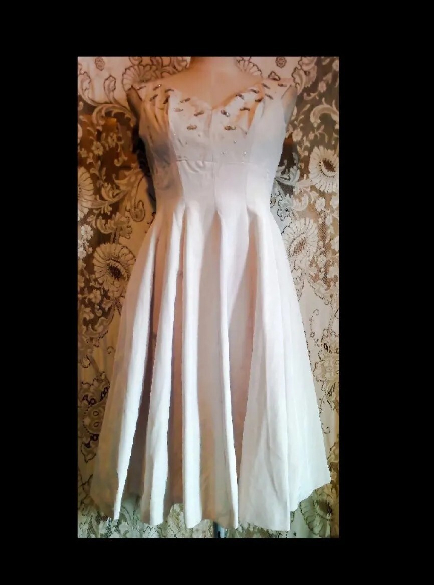 VTG 1950s Cocktail Dress Faille Fit To Flair w/ Full Circle Skirt Beaded Top XXS