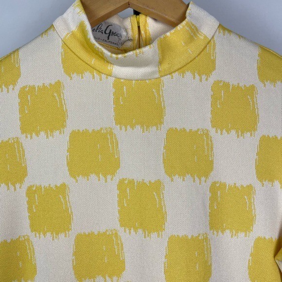 Vintage 60s 70s Amelia Gray Yellow Cream Checkered Long Sleeve Mock Neck Dress