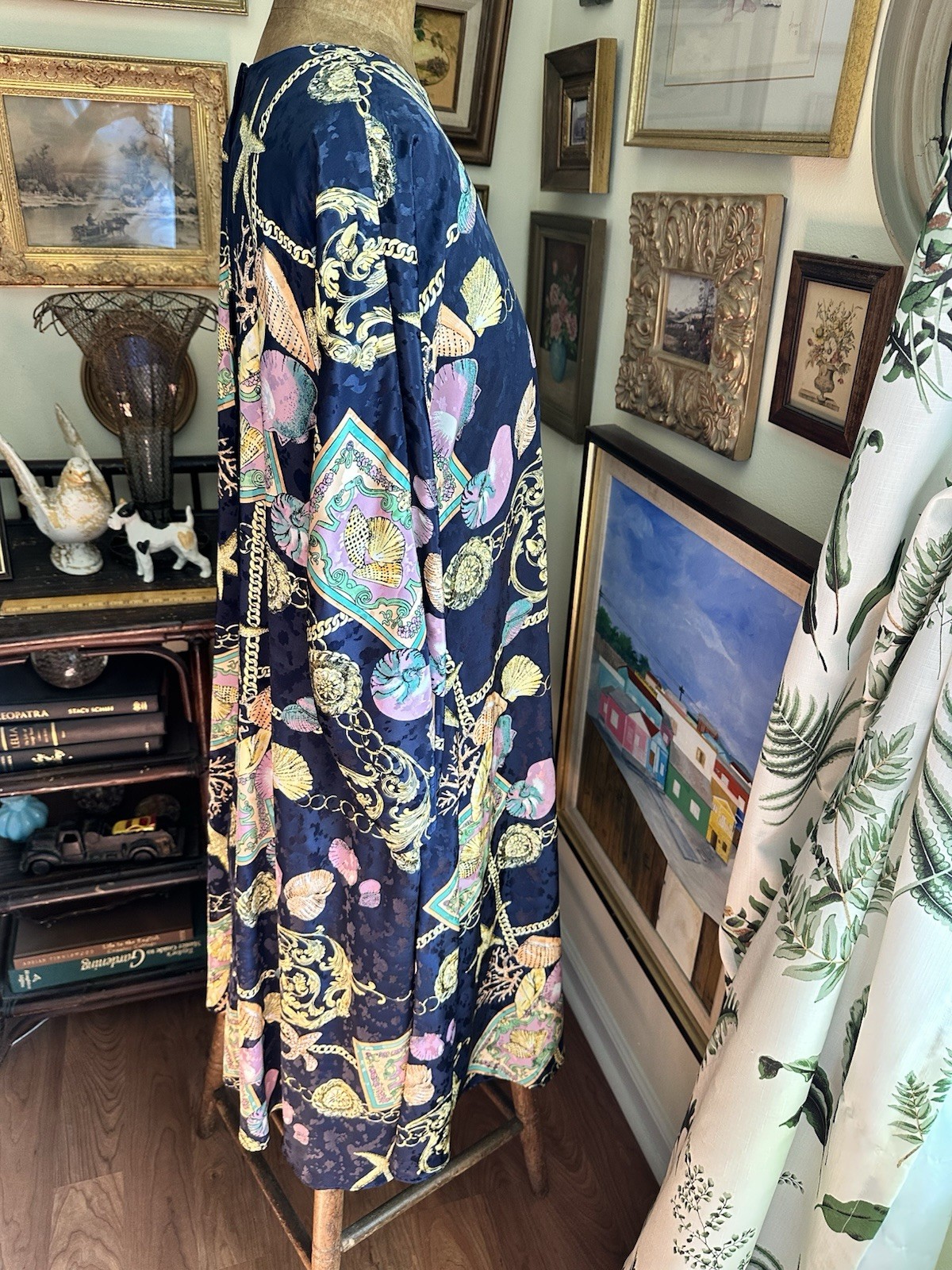 VTG Dolman Sleeve Dress Navy Shell Print W Pockets Size XL USA Made Handmade