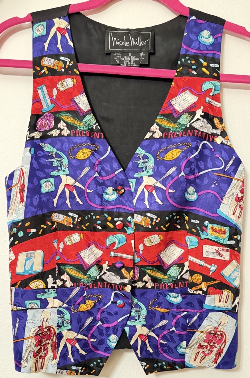 Vintage 1990s Nicole Miller Novelty Doctor Medical Print Vest, Silk, (s)