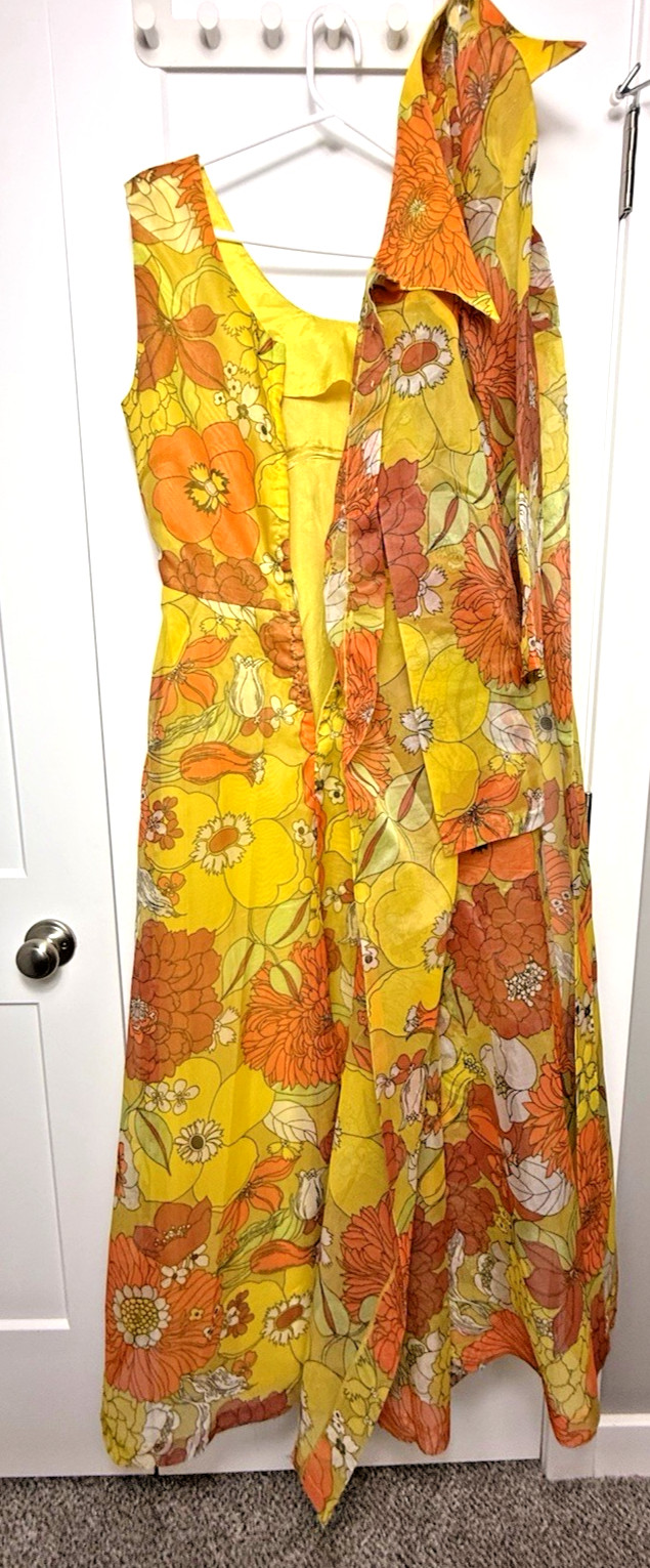 Vtg 60’S Groovy Orange Yellow Sheer Floral Maxi Dress Stiff Chiffon Long Jacket