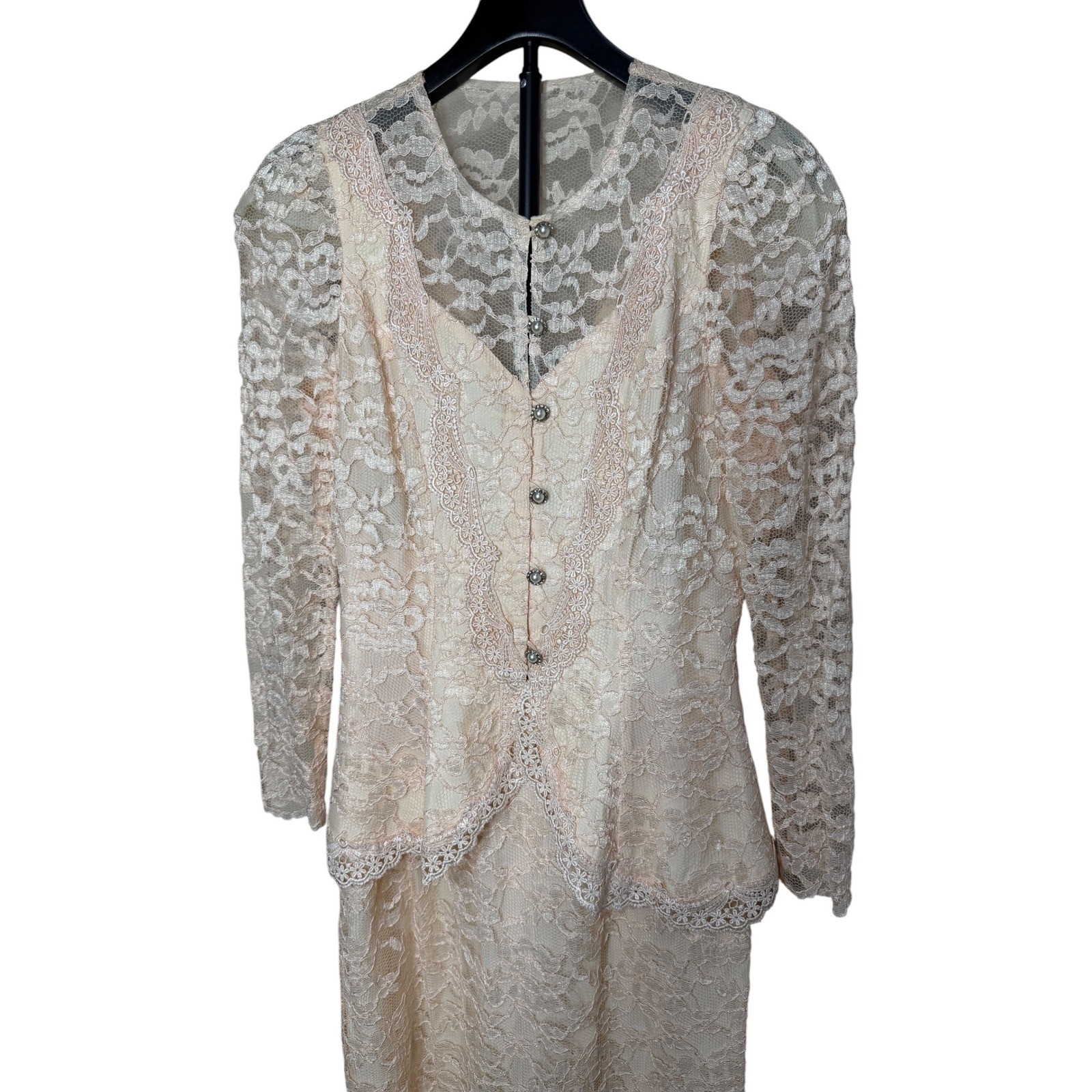 Cachet by Bari Protas Vintage Lace Skirt Suit Set Pink Peplum Jacket Midi 5/6