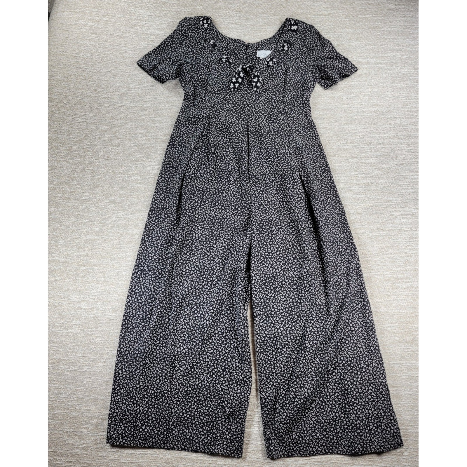 VTG EXPO Ditsy Floral Jumpsuit Size 8 Black Bow Wide Leg Zip Cottagecore Retro