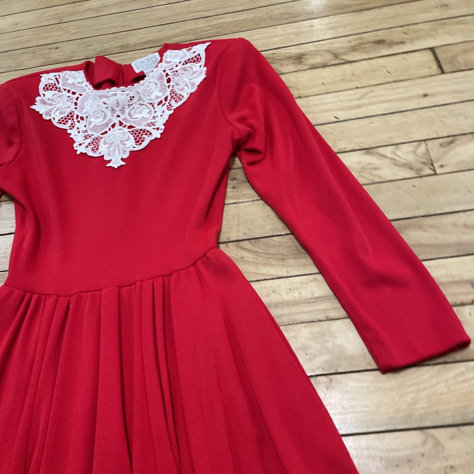 Expo Petite Vintage 1980’s Lace Trim Red Praire Dress Women 4 Wool Zip Made USA