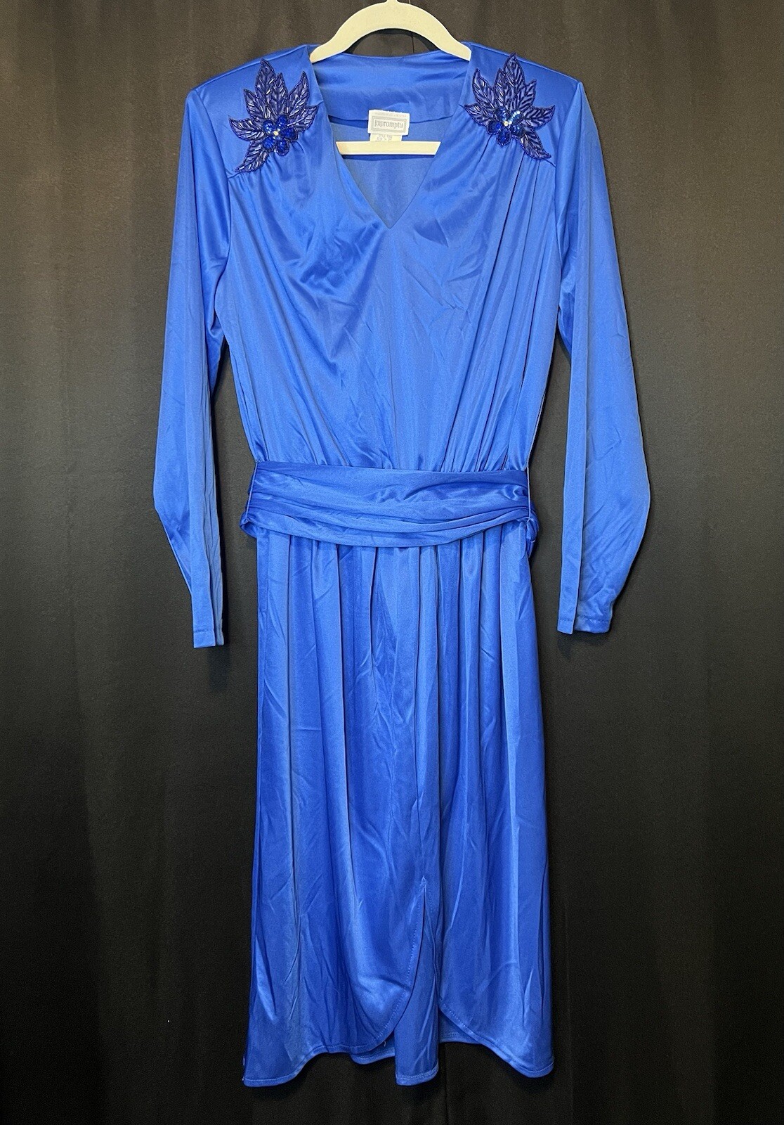VTG Impromptu Belted Satin Chic Blue Dress Embellished Bejeweled Floral Accents