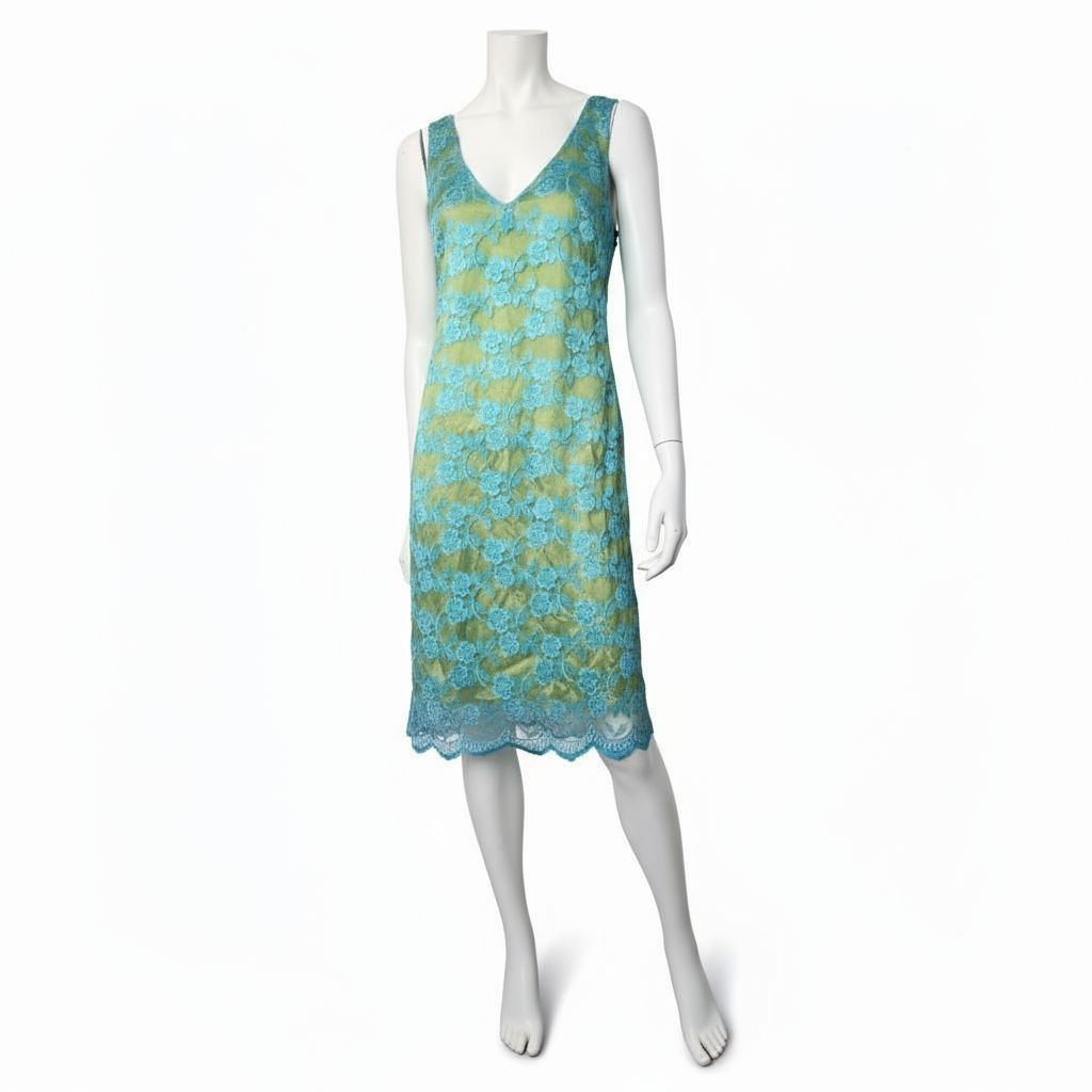 Vintage LILI Made in Australia Turquoise Blue Green Lace Dress AU 10 Cocktail