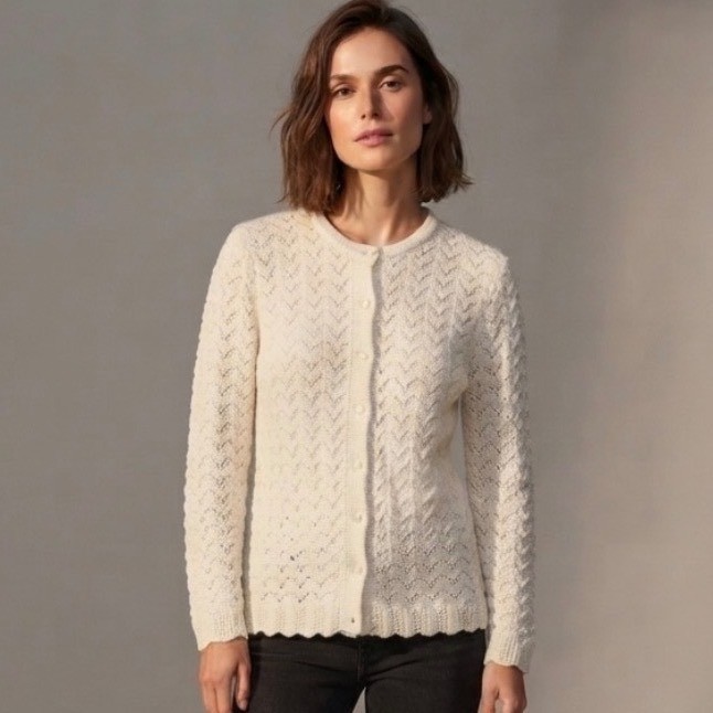 Vintage 60s Billie Jo Cardigan Sweater Women M Ivory Pointelle Knit Scallop USA