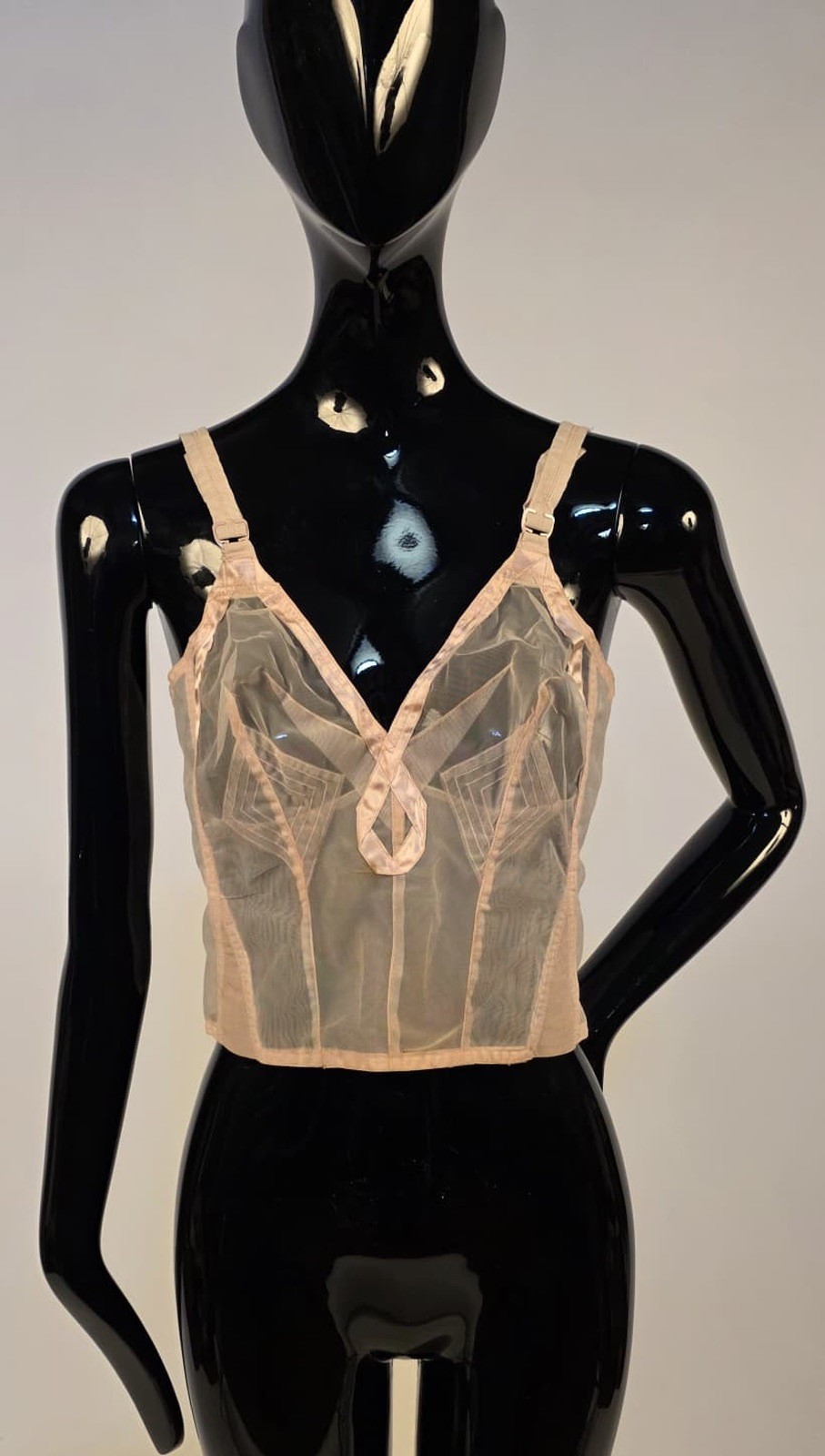 SEXY + SHEER OLD STOCK VINTAGE 1950’S BULLET BRA W SATIN PIPE DETAIL  SIZE 34 C