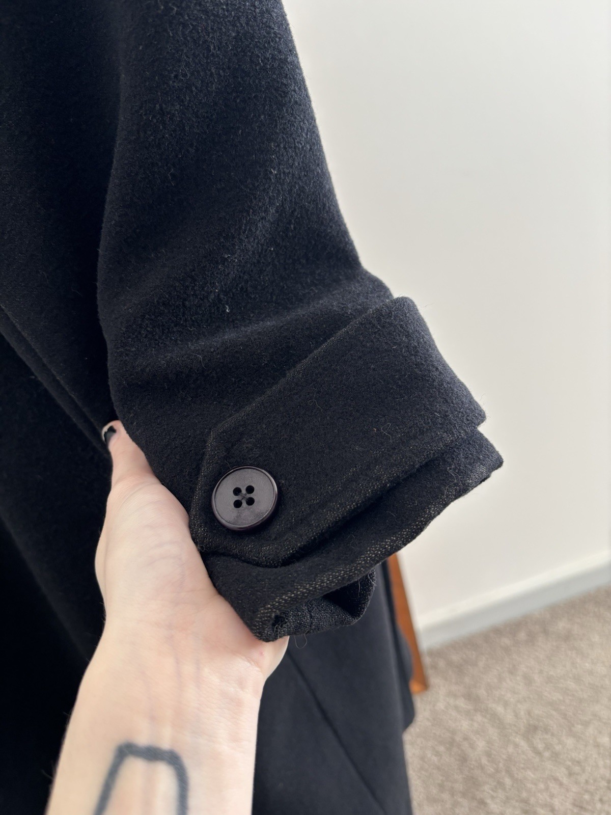 Vintage Riki Nathan Black Wool Cashmere Blend Longline Trench Coat M/L Business