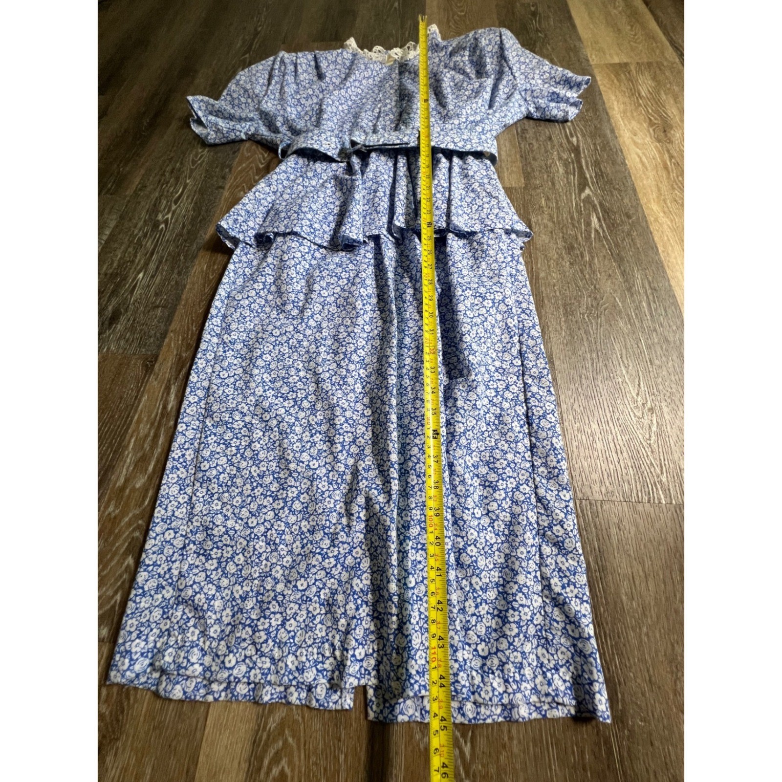 Paquette Too! Floral Peplum Dress Womens 14 Blue Lace Collar Vintage 80s Belted