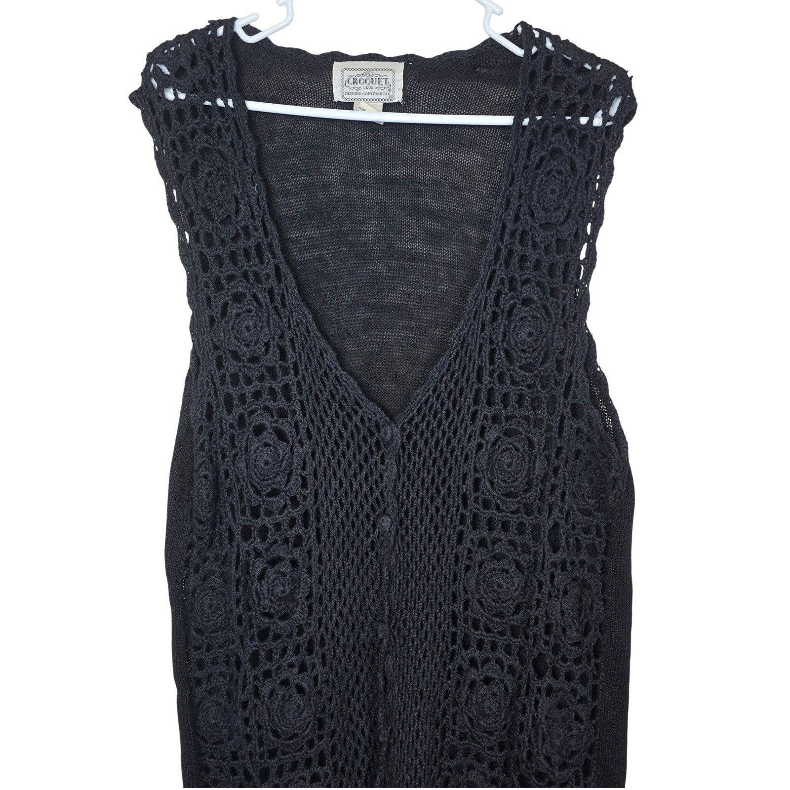 VTG Croquet Club Black Crochet Knit Sweater Vest Floral Ramie Cotton Large Boho