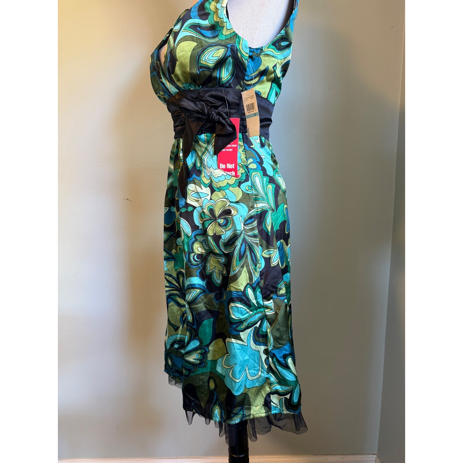 Love Tease Green Aqua Floral Satin Fit Flare Dress Tulle y2k 5 NWT retro dainty