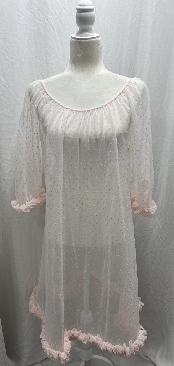 Vintage 50s Sears Charmode Lingerie Sheer Negligee Pink Dot Chiffon Size Small