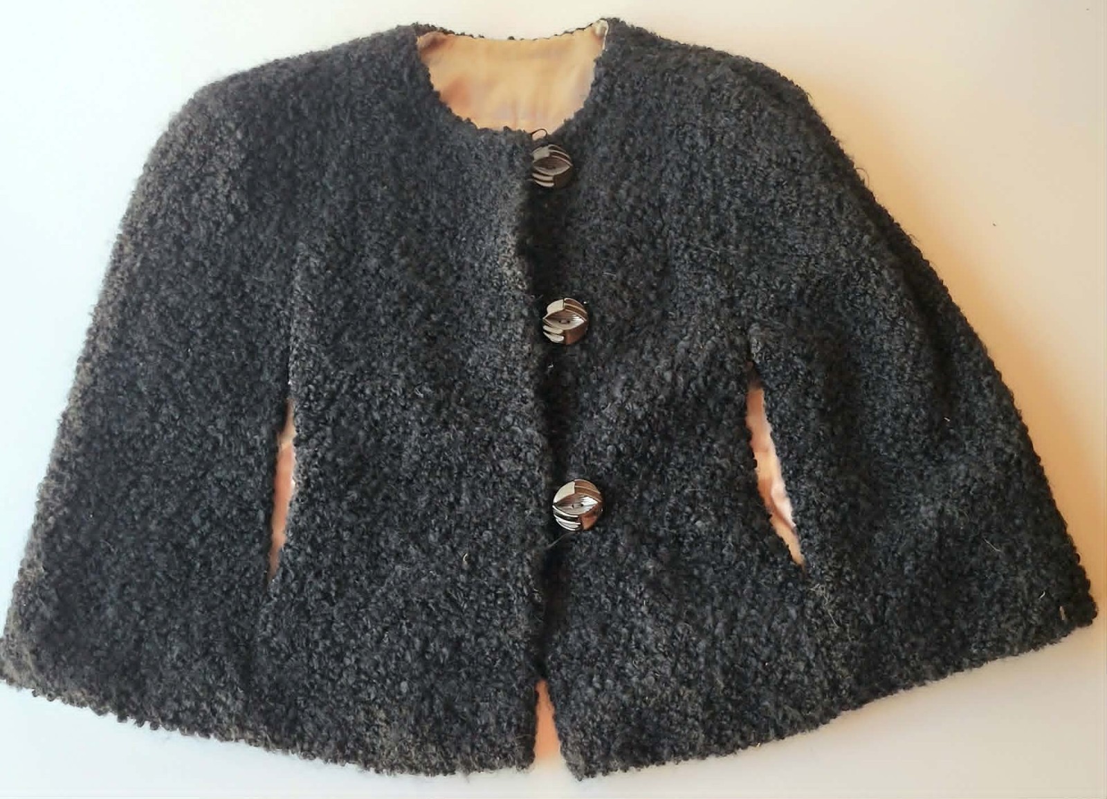 Vintage 1950s Wool Bouclé Capelet Cape Coat Hand Openings Medium