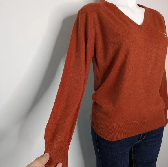 Vintage Lady Pickering Otter Creek brown orange long sleeve v neck sweater L