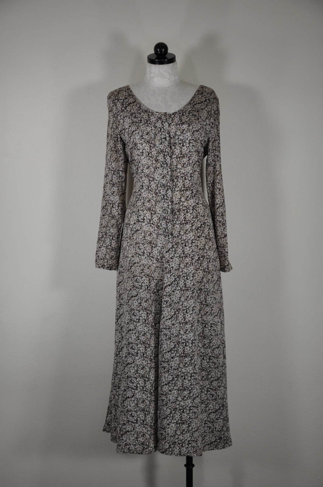 90s Vintage Brown Romantic Floral Long Sleeve Tie Back Grunge Dress Women S M