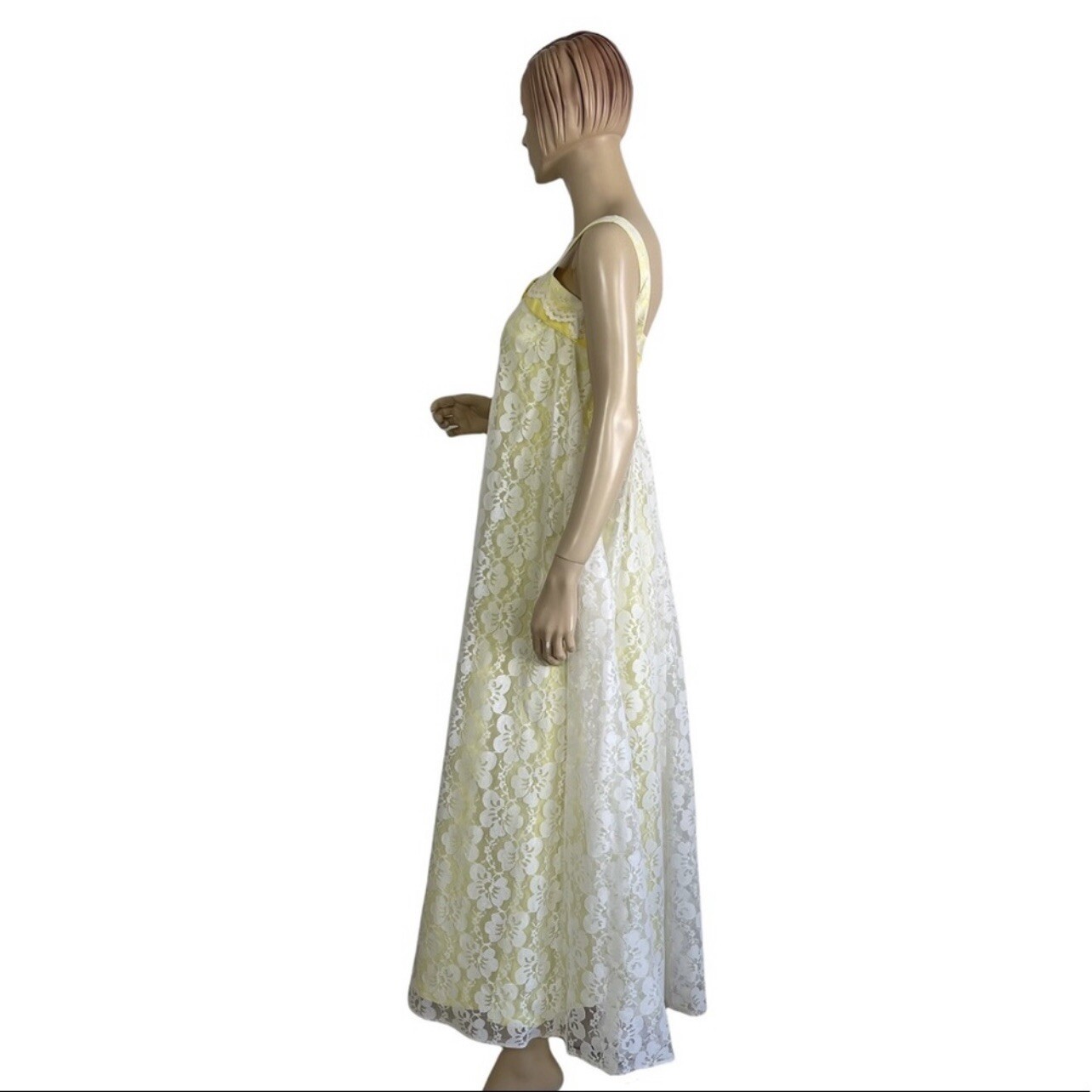 Vintage Victorian Yellow & White Lace Cape Style A-line Maxi Princess Dress