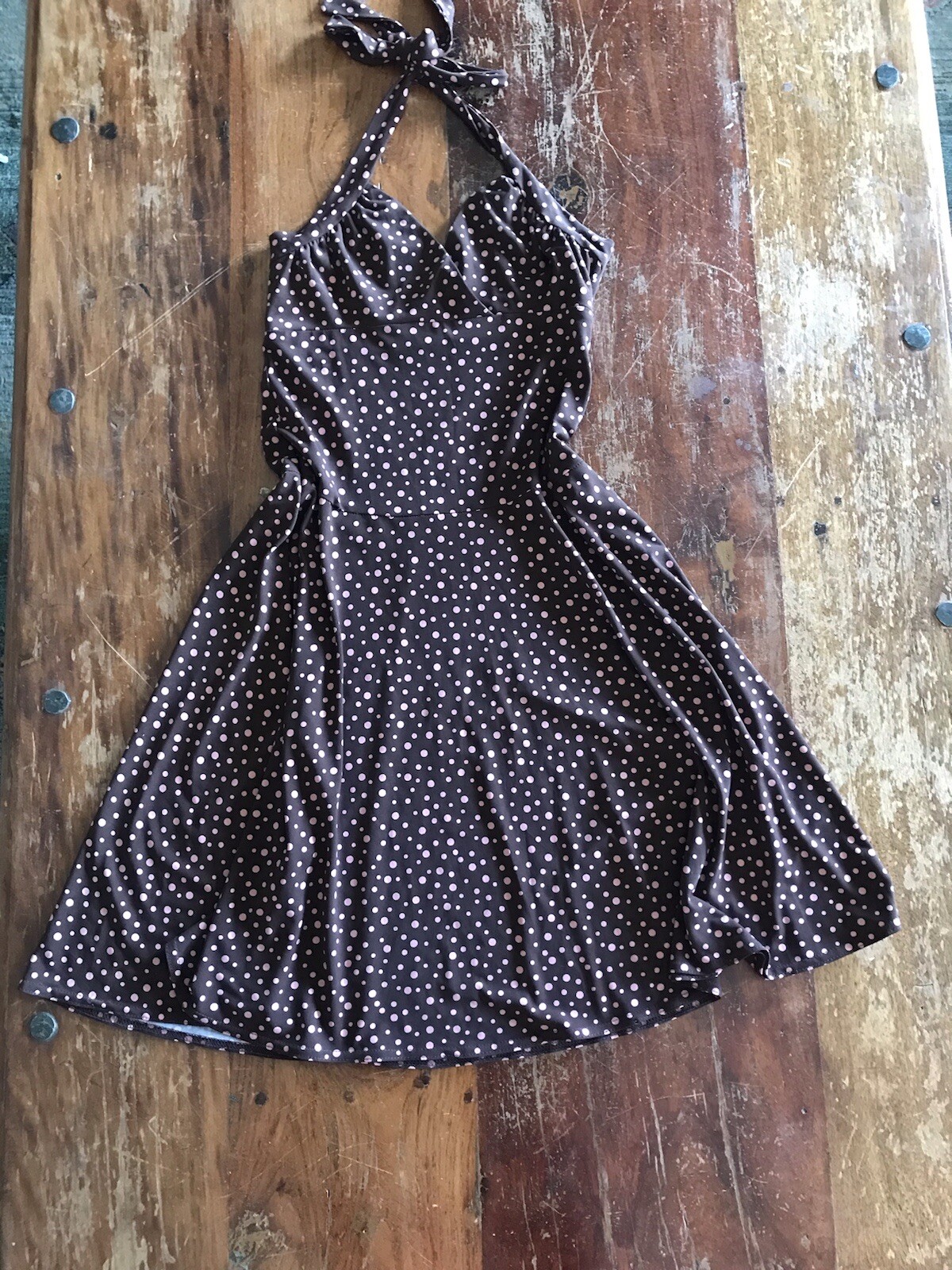 Vtg 90s Y2K pink & brown polka dot halter dress draped skirt classic y2k colors
