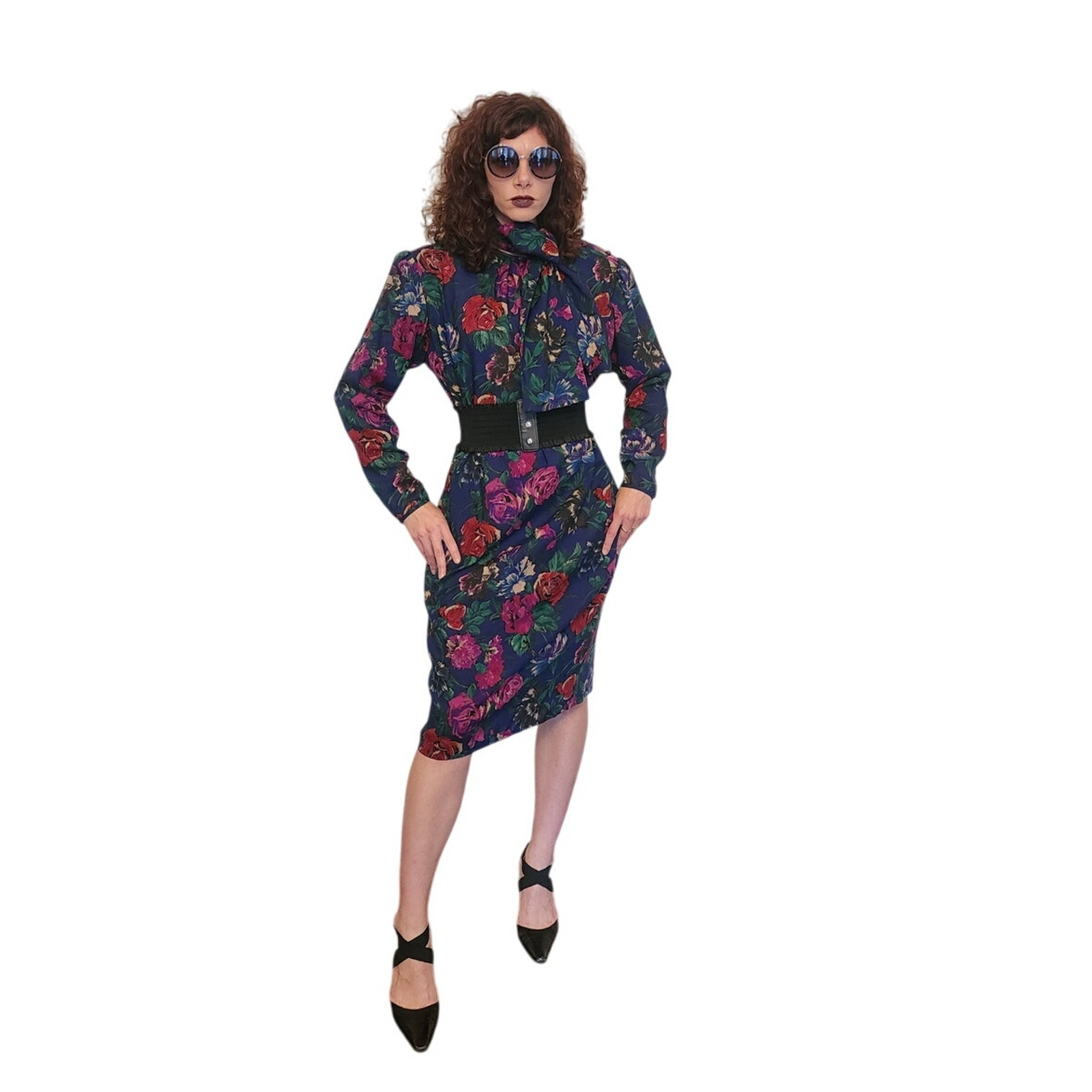 Vintage 80s UNGARO Sac Dress Dark Floral Print Wool w/Sash Necktie / M