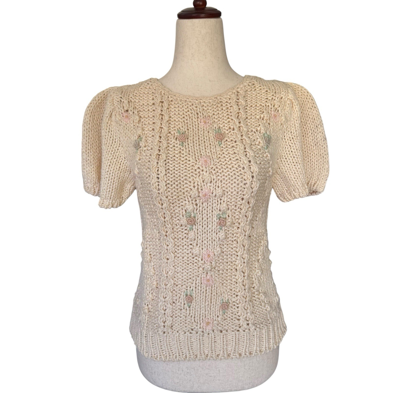 Vintage 80s Hand Knit Sweater Floral Embroidery Puff Sleeve Coquette Cottage