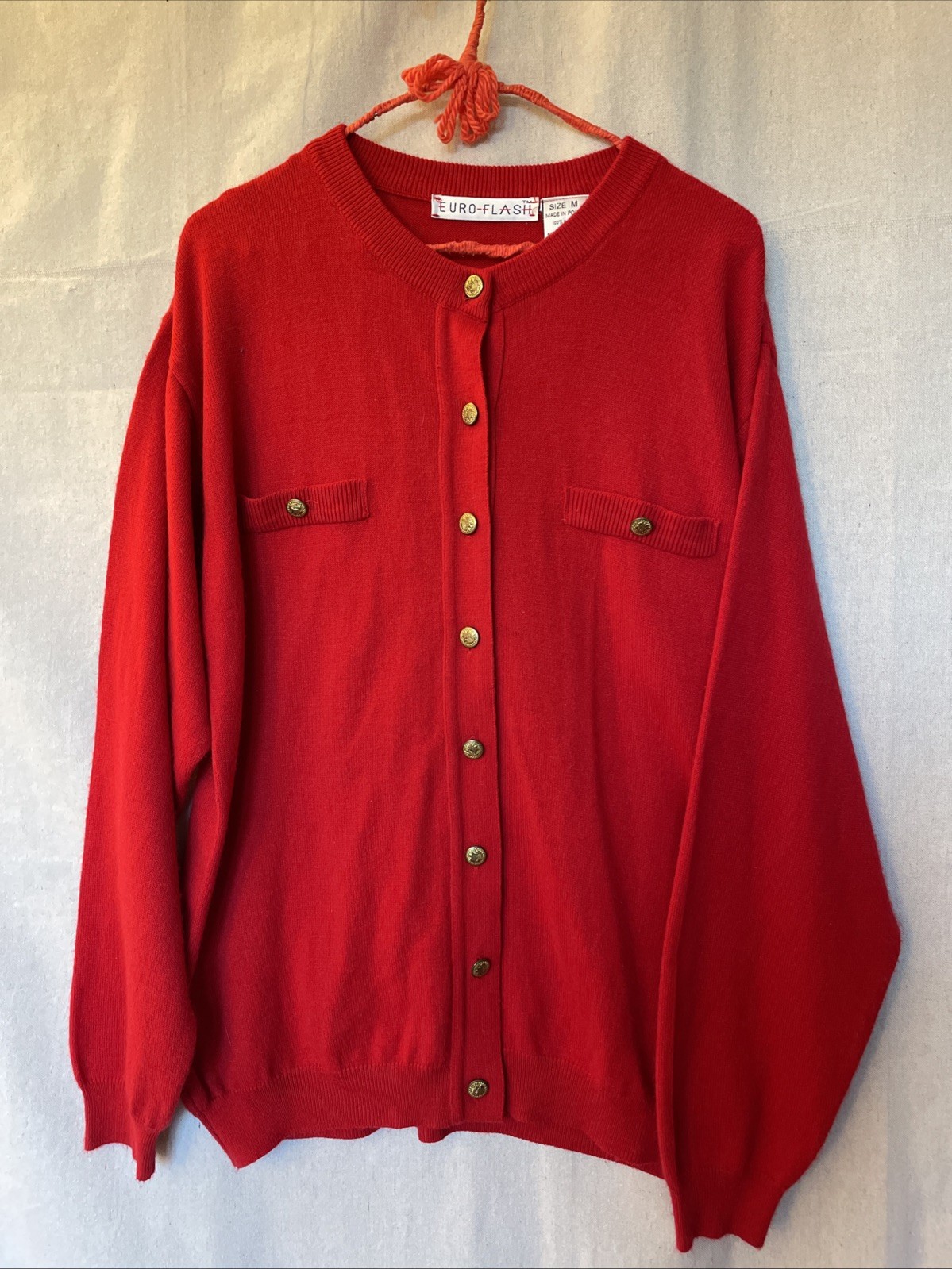 VTG 90s Cardigan Made In Poland Euro Flash Size M Red With Gold Buttons Classic
