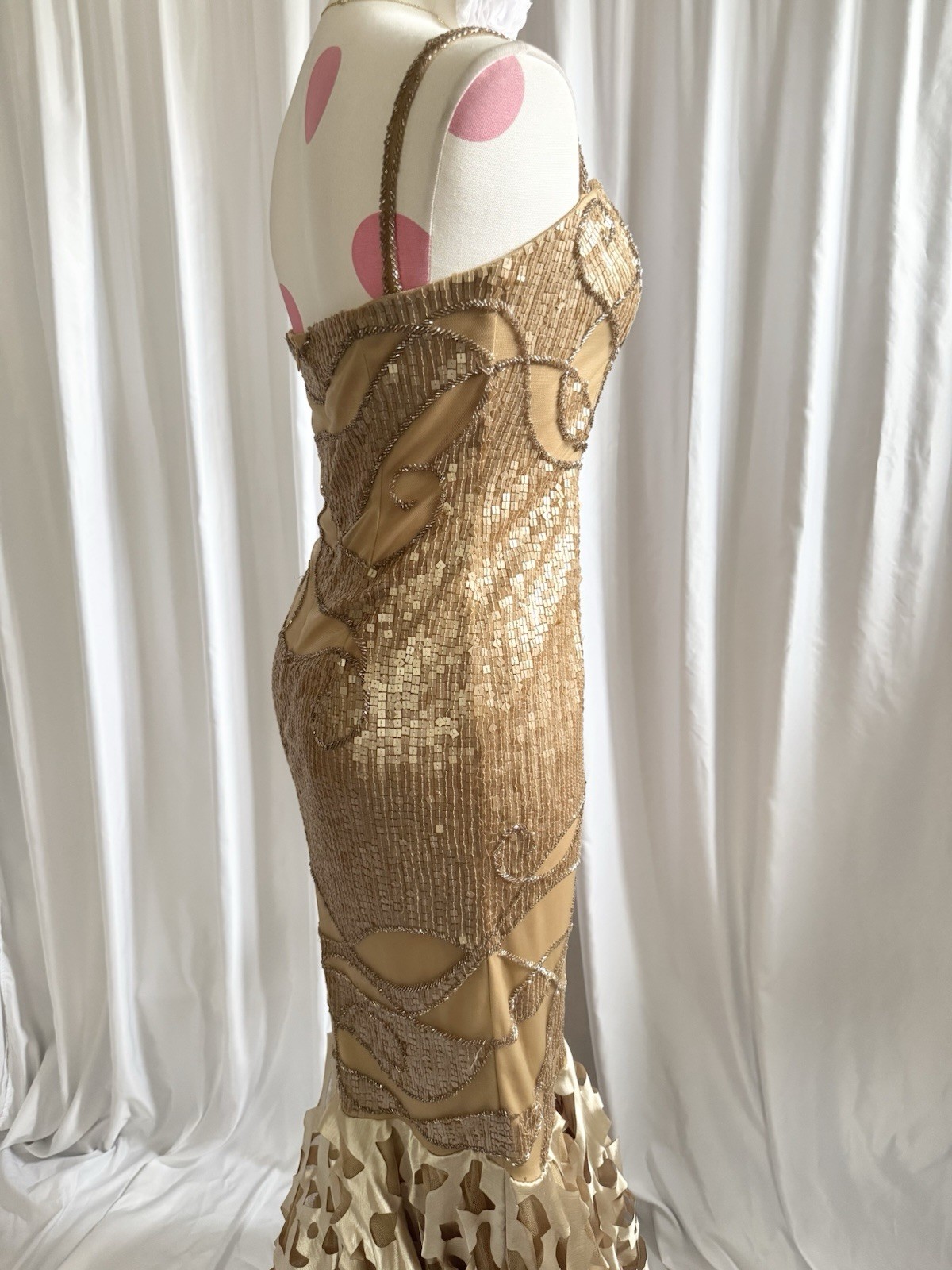 Vintage Gold Fairy Beaded Sequin Ruffle Mesh Vacation Princess Formal Gown Dress