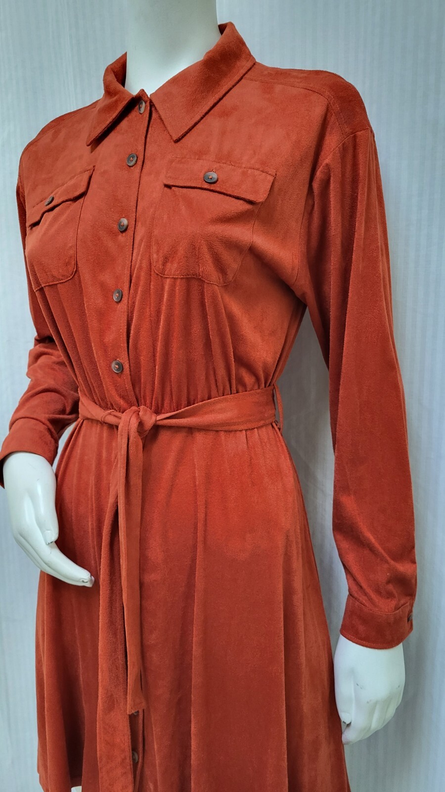 Vintage CALVIN KLEIN Orange Ultrasuede Shirt Dress w/ Tie Belt – Size M