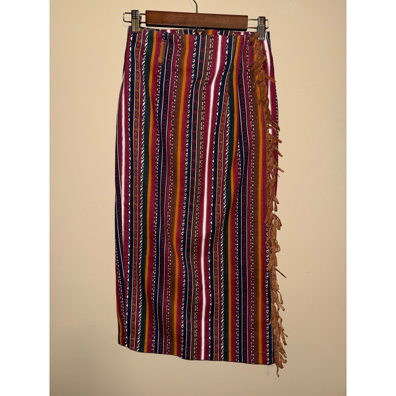 Vintage Stone Gear Southwestern Striped Midi Skirt Fringe Side 3 Boho Festival