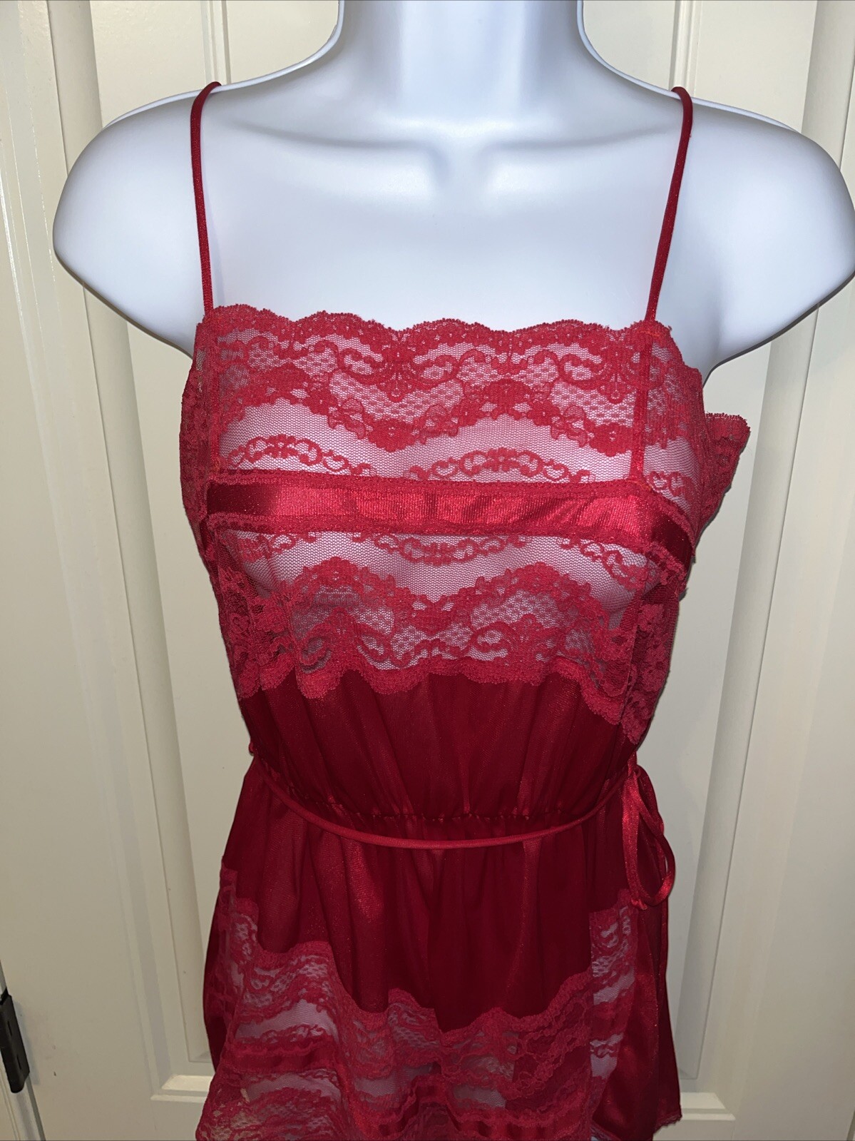 Vtg Teddy Romper Playsuit Bodysuit Wide Sheer Lace Belted Sissy Nylon Red Large