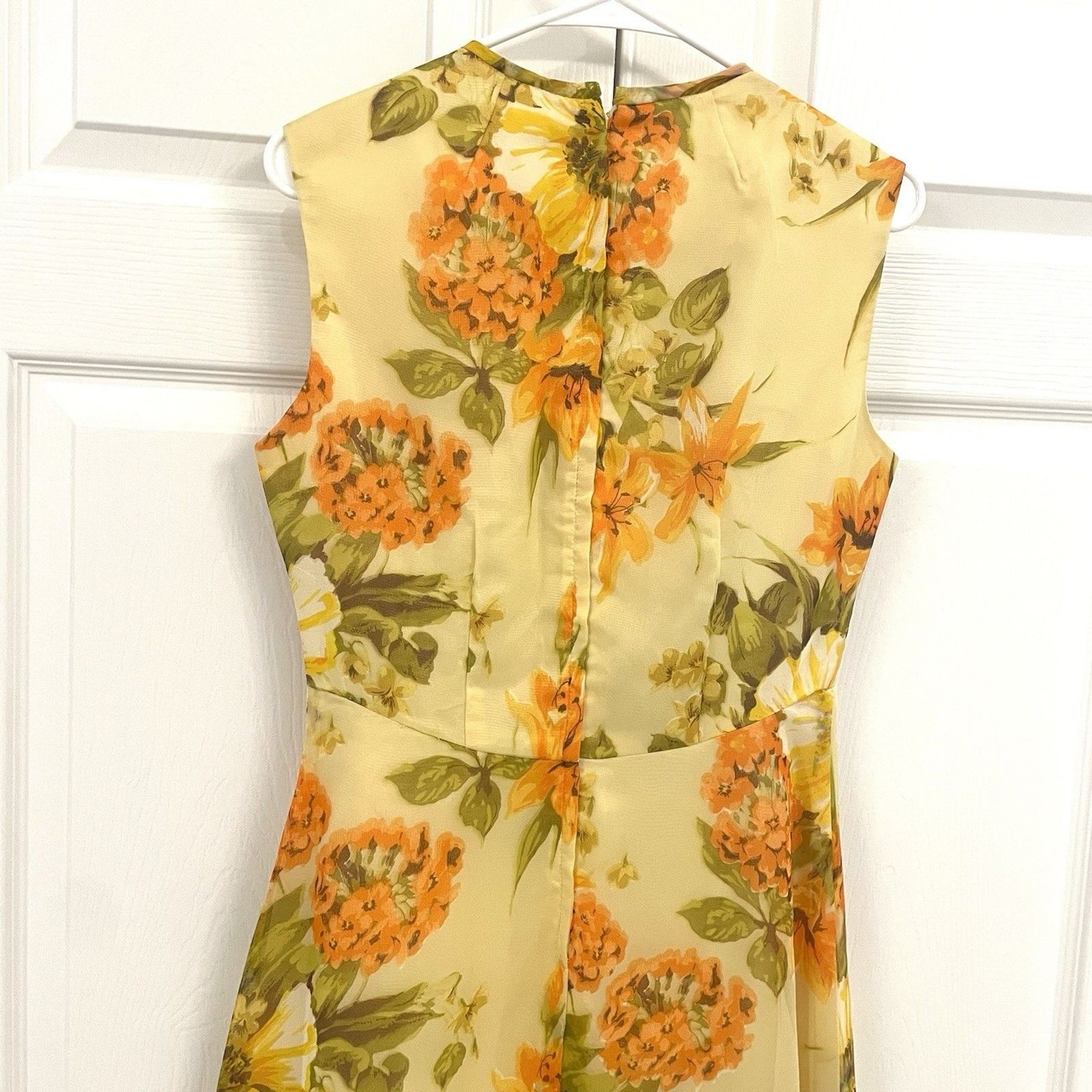 60s Vintage Yellow Floral Gown Sleeveless Maxi A-Line Dress Empire Waist Sz S/M