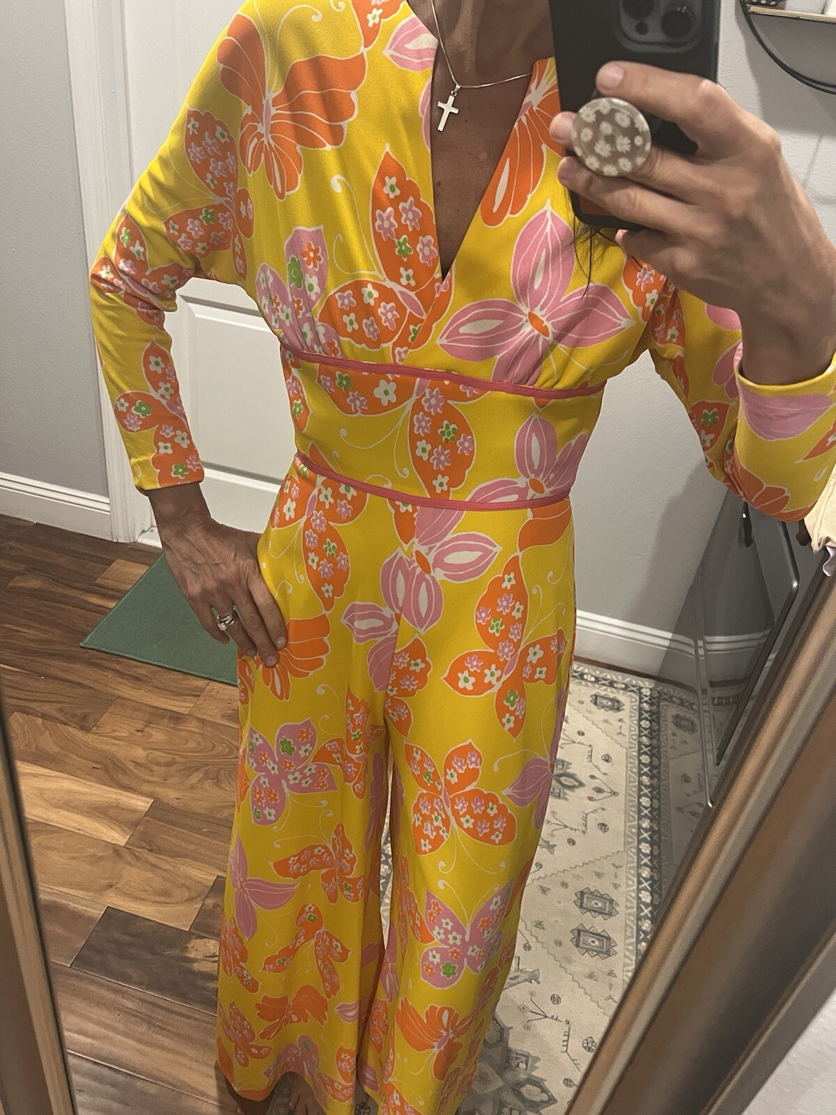 Vtg Adde’ Floral Yellow Pink Butterfly Pantsuit 70s Pantsuit rare