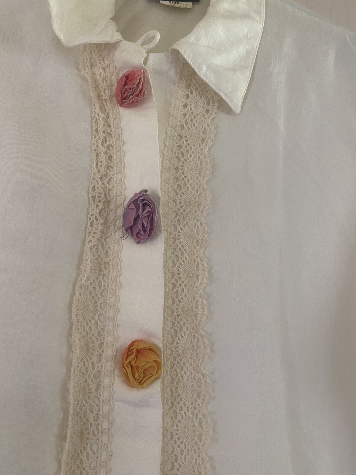 VTG Cottagecore Grunge 90s Forest Fairy Silky Whimsygoth Rose Crochet Blouse S