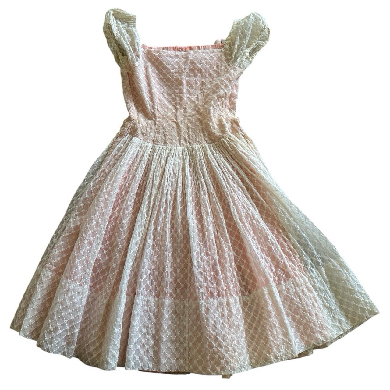 1940s blush pink puff sleeve fairy cottage princess floral appliqué party dress
