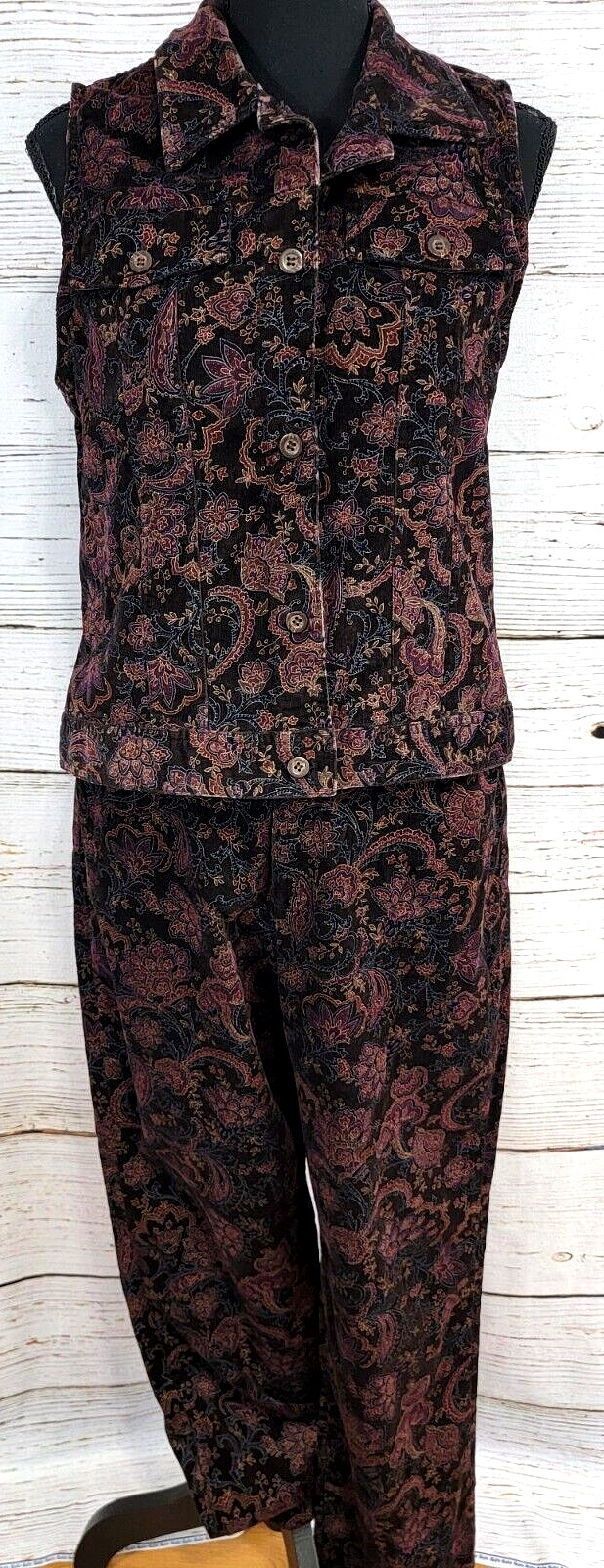 Crazy Horse Liz Claiborne Paisley Print Corduroy Vintage Pants & Vest Set Size 8